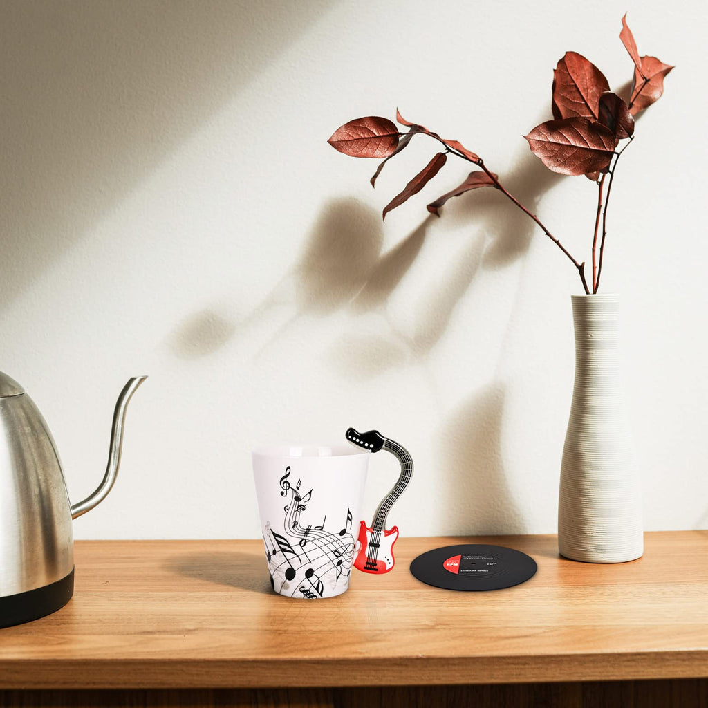 Maustic Novelty Violin Mug - 13 Oz Ceramic with Vinyl Record Coaster, Perfect for Music Lovers, Musicians, and Violinists - Ideal for Christmas or Birthday Gifts