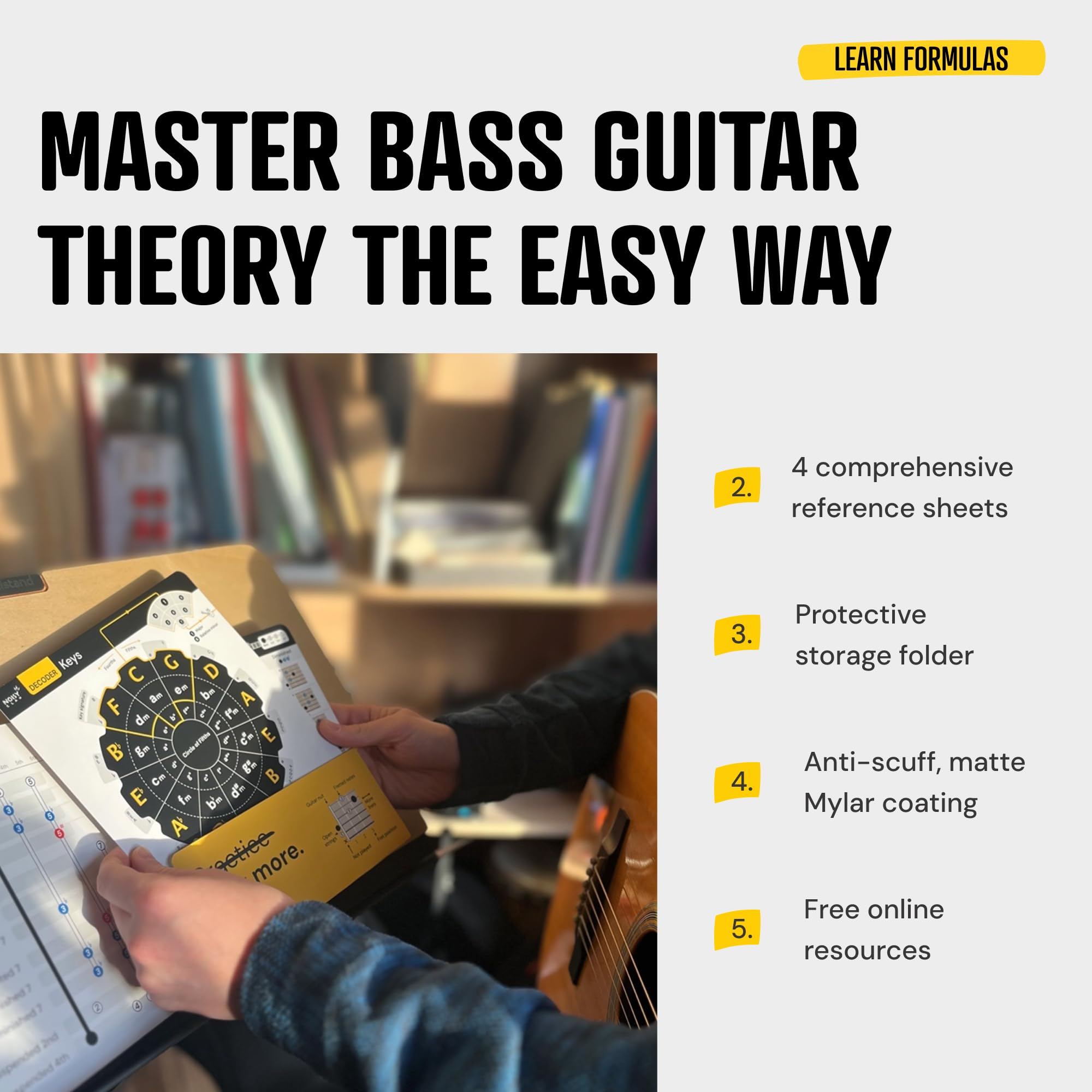 Guitar Theory Cheat Sheets 8x8": Guitar Chord, Scale & Triad Charts | Circle of fifths, anti-scratch matte lamination, reference cards, beginners, easy-read layout, practice, lessons, songwriting