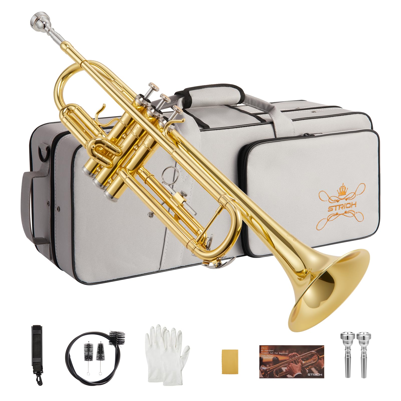 STRICH Bb Standard Trumpet Set for Beginners, Brass Student Trumpet Instrument with Hard Case, Cleaning Kit, 7C & 3C Mouthpieces, Gloves - STR-1G, Gold