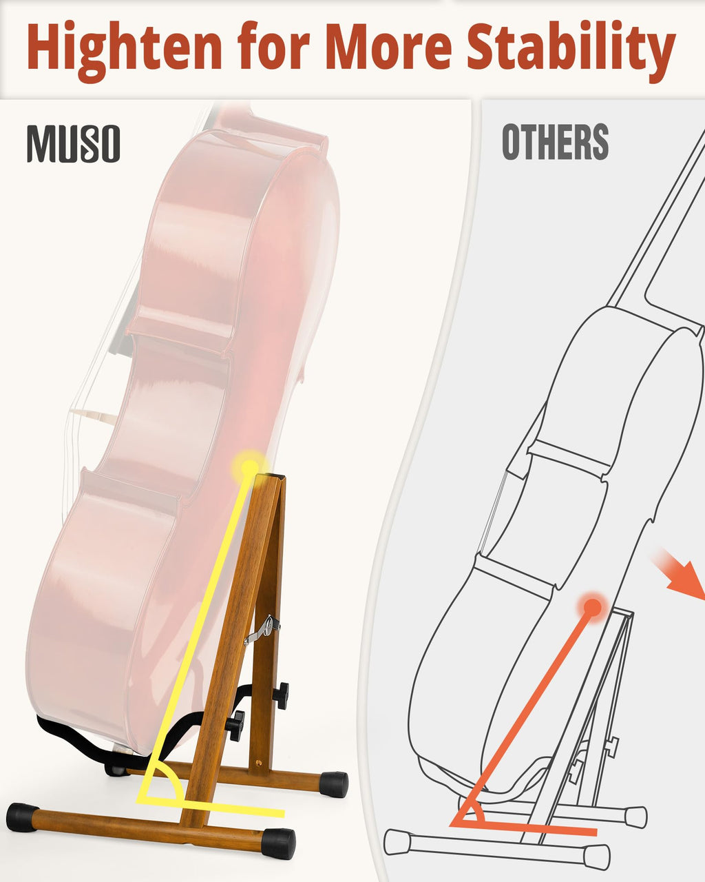 MUSO Cello Stand with Bow Holder,A-Frame Floor Stand with Padded Foam, Handcrafted Cello Rack Fits 1/2, 3/4, 7/8, 4/4 Full-Size and Guitar, Instrument Holder for Home and Studio Display