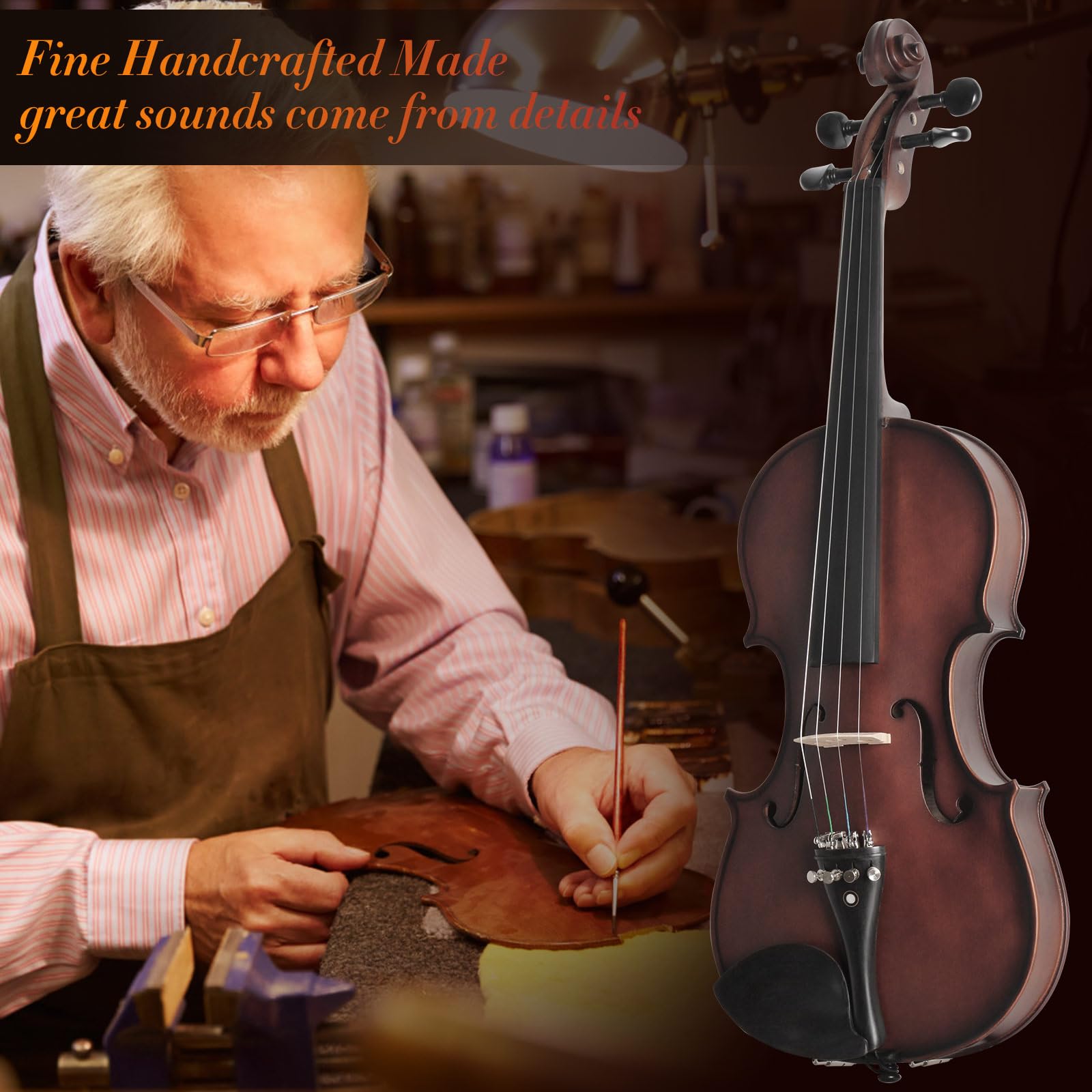 Acoustic Violin 4/4 Full Size, Solid Wood Fiddle for Beginners Adults, Ebony Fitted Satin Antique Finish Violin Starter Kit with Hard Case