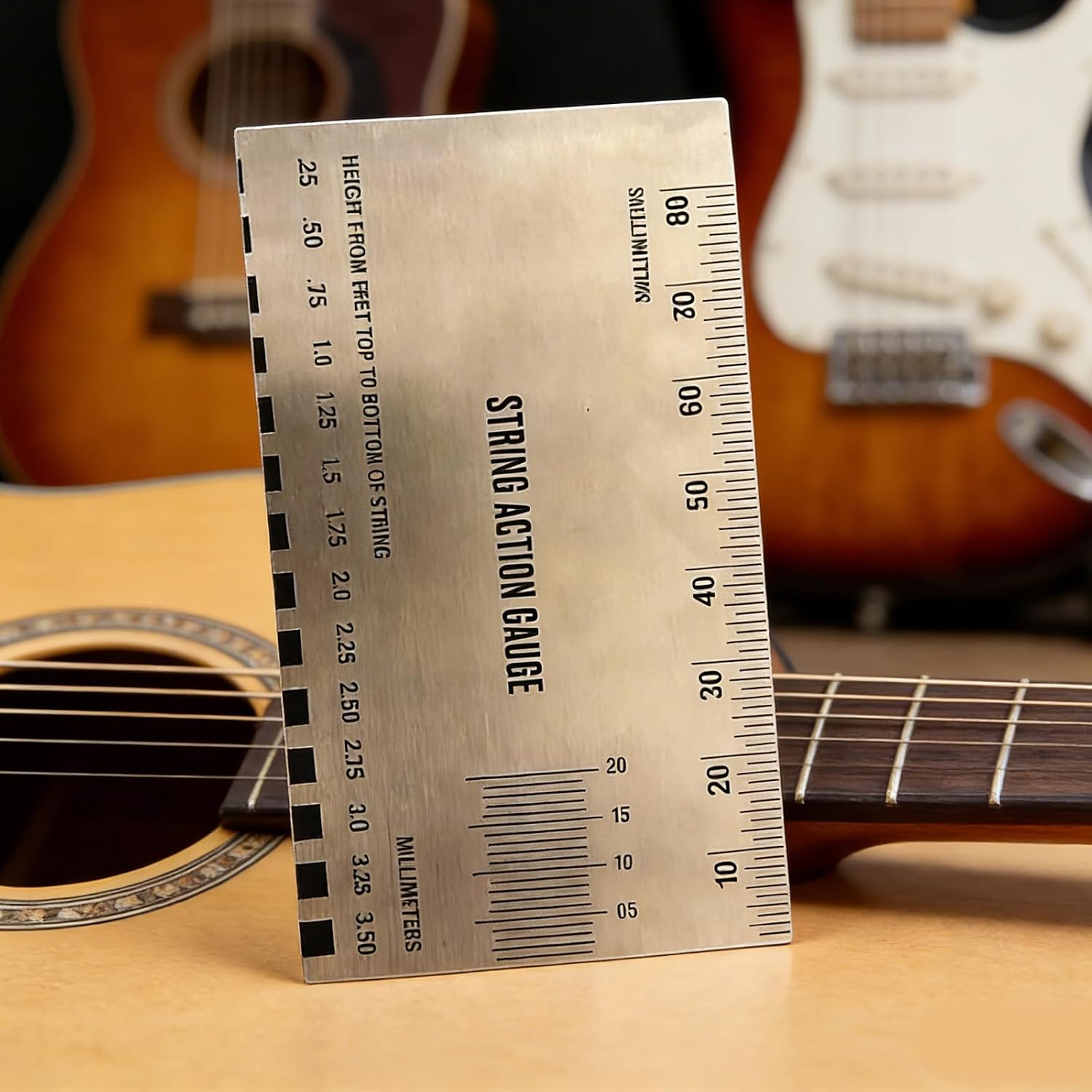 Multipurpose String Action Tool with Stainless Steel Build for Musicians Guitar Action Gauge Portable String Height Measurer Accurate Guitar Setup Accessory Ruler