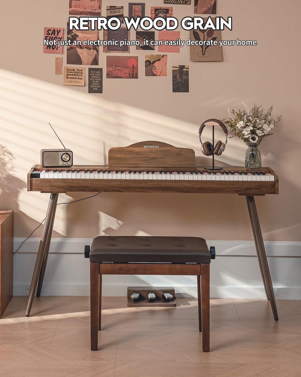 STRICH Digital Piano 88 Keys, Hammer-Action Weighted Keyboard, Full size Electric Piano Keyboard with Stand, 25Wx2 Speakers, Supports USB-MIDI/Wireless Connecting SDP-300S (Color Mahogany)