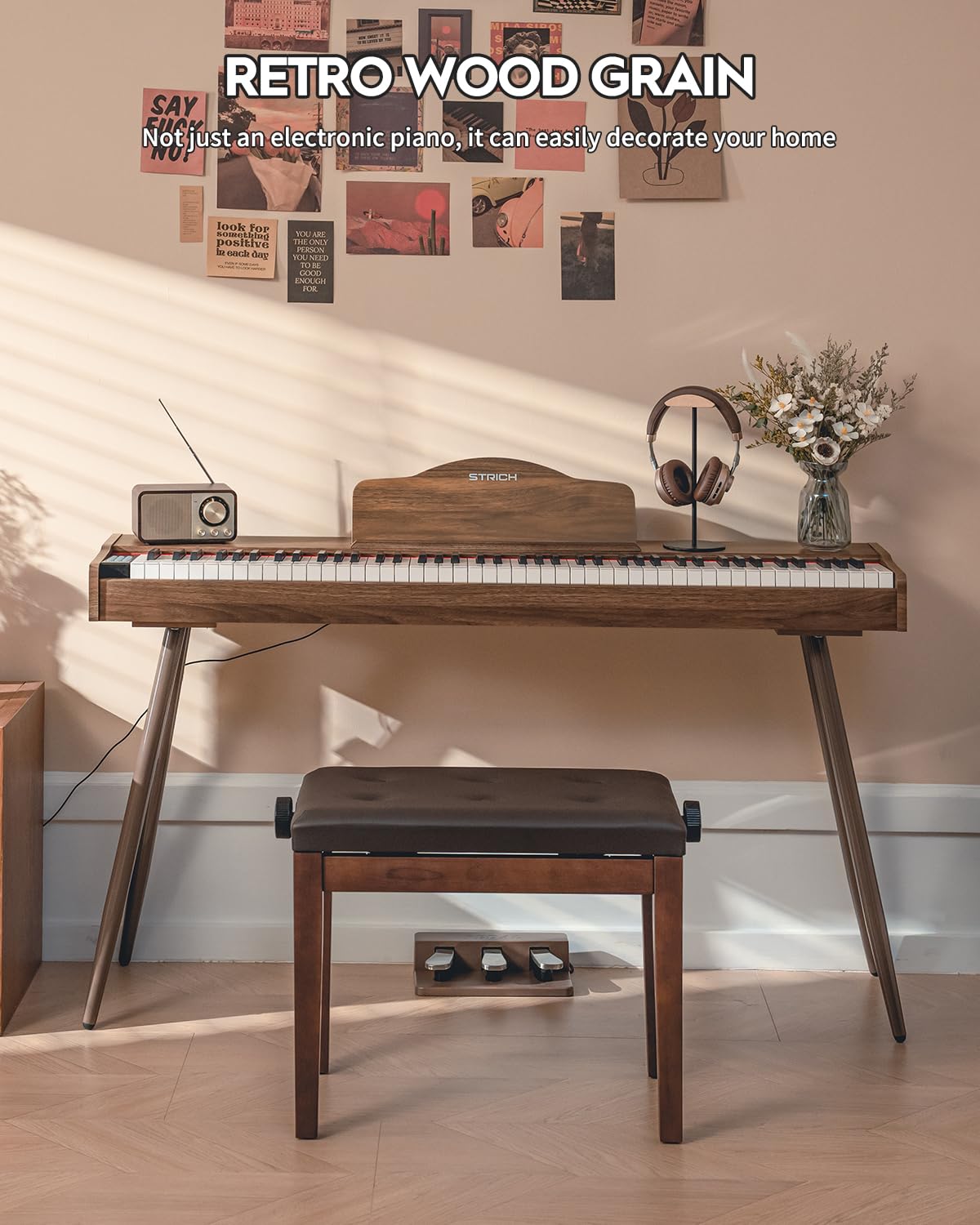 STRICH Digital Piano 88 Keys, Hammer-Action Weighted Keyboard, Full size Electric Piano Keyboard with Stand, 25Wx2 Speakers, Supports USB-MIDI/Wireless Connecting SDP-300S (Color Mahogany)