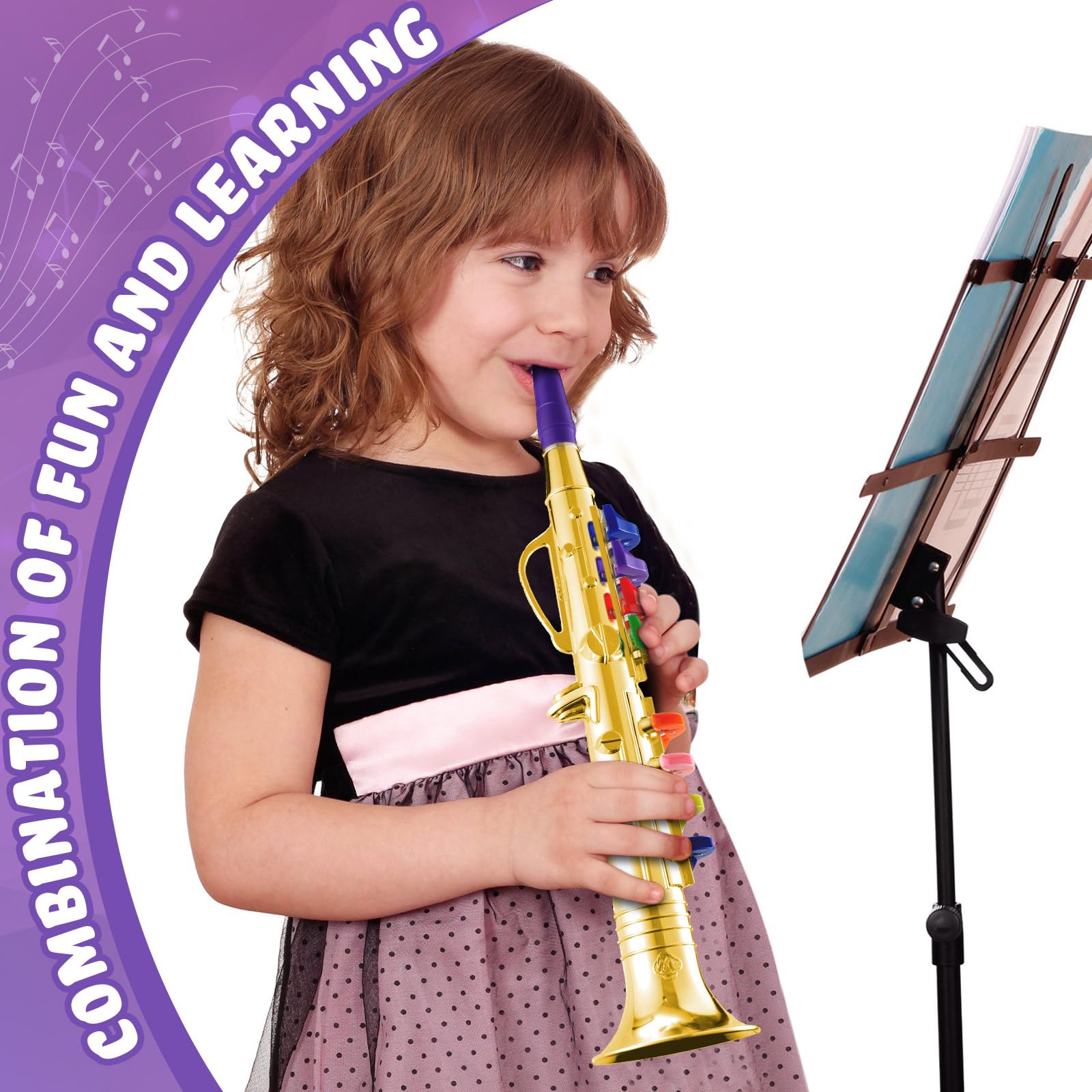 Lewtemi Gold Trumpet Musical Instruments Toy for Kid Toddler Fake Plastic Preschool Music Toy Gift Non-Professional Wind Instrument Early Educational Teaching Songs Gifts for Toddlers Children