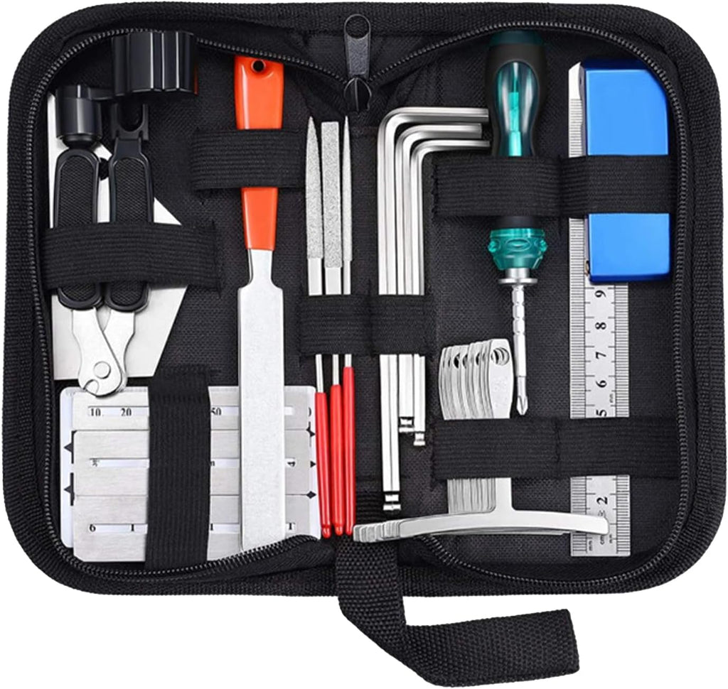 25Pcs Guitar Setup Kits Repairing Tools with String Action Ruler Luthier File Guitar Bridge Pins for Ukulele with Ruler Gauge Measuring Tool Wrench Files Fingerboard Guard