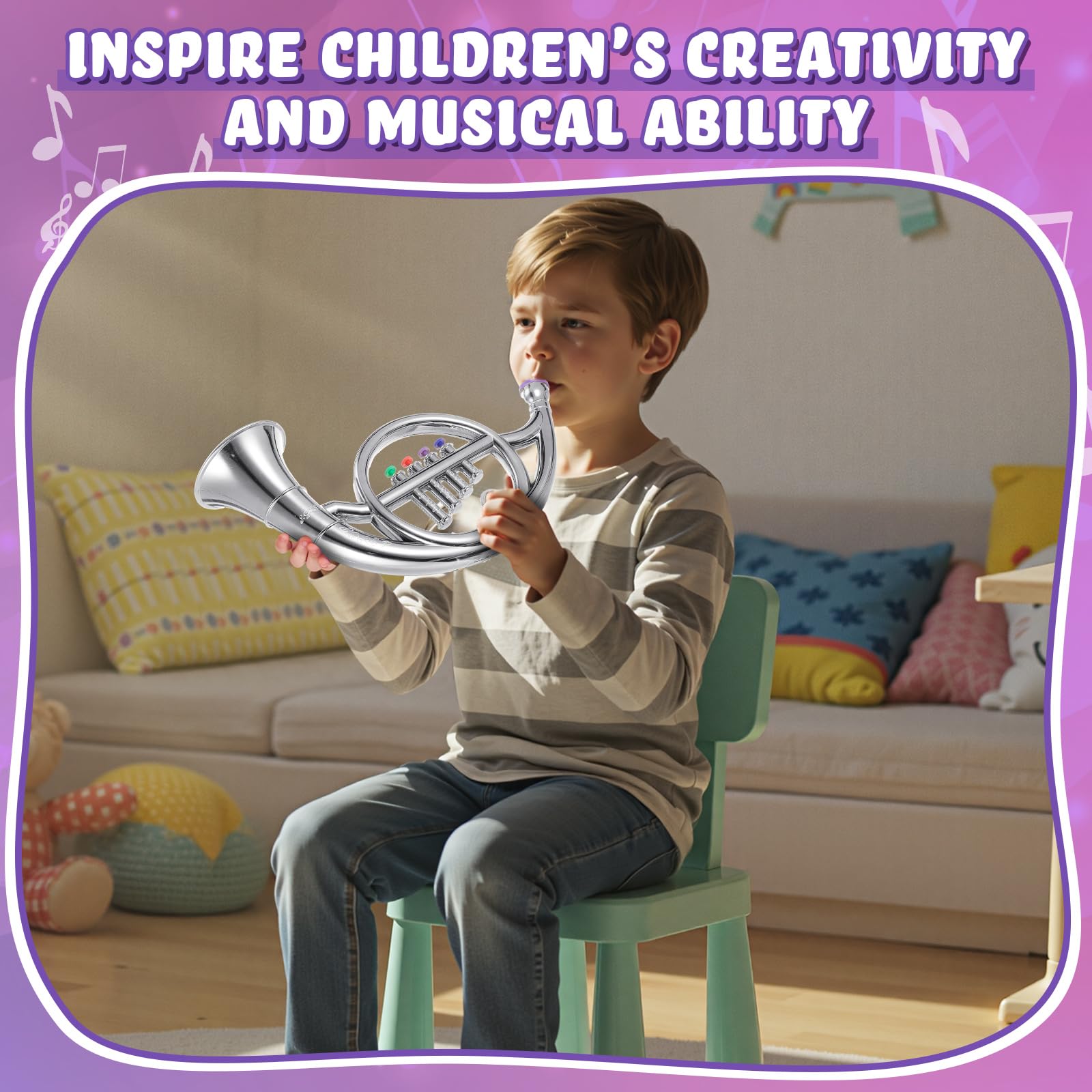 Lewtemi Gold Trumpet Musical Instruments Toy for Kid Toddler Fake Plastic Preschool Music Toy Gift Non-Professional Wind Instrument Early Educational Teaching Songs Gifts for Toddlers Children