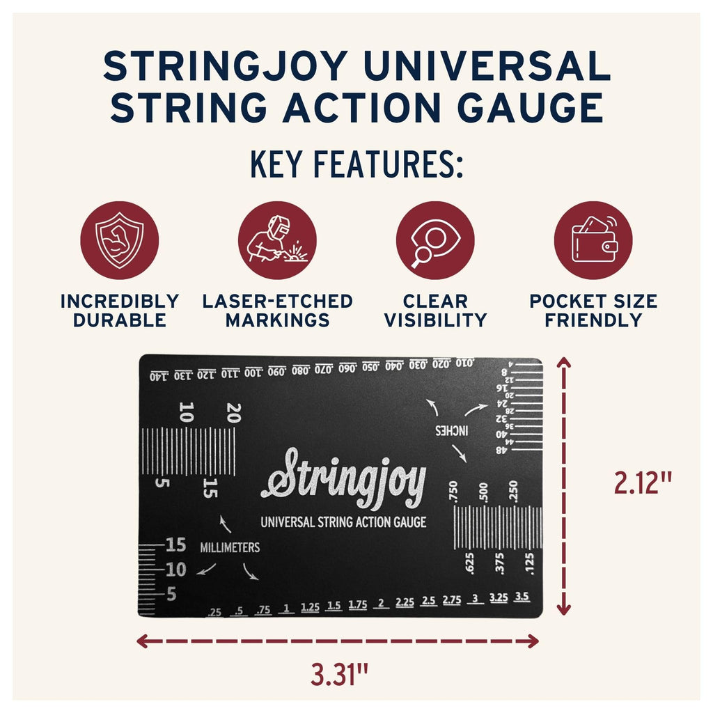 Stringjoy Universal String Action Gauge - Premium Guitar Action Gauge for Acoustic, Electric Guitars & Bass - Durable & Portable, Dual Metric