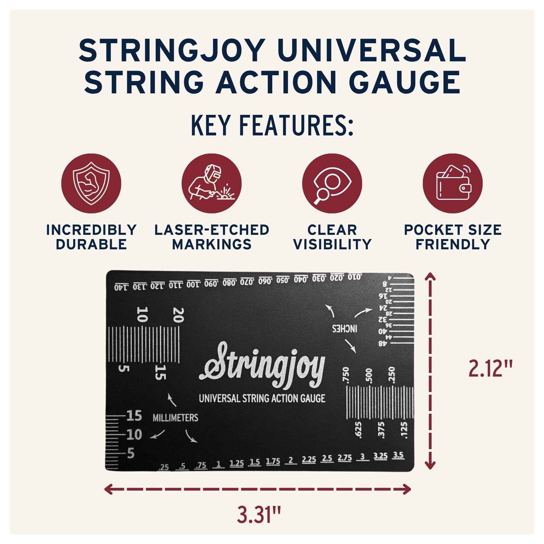 Stringjoy Universal String Action Gauge - Premium Guitar Action Gauge for Acoustic, Electric Guitars & Bass - Durable & Portable, Dual Metric