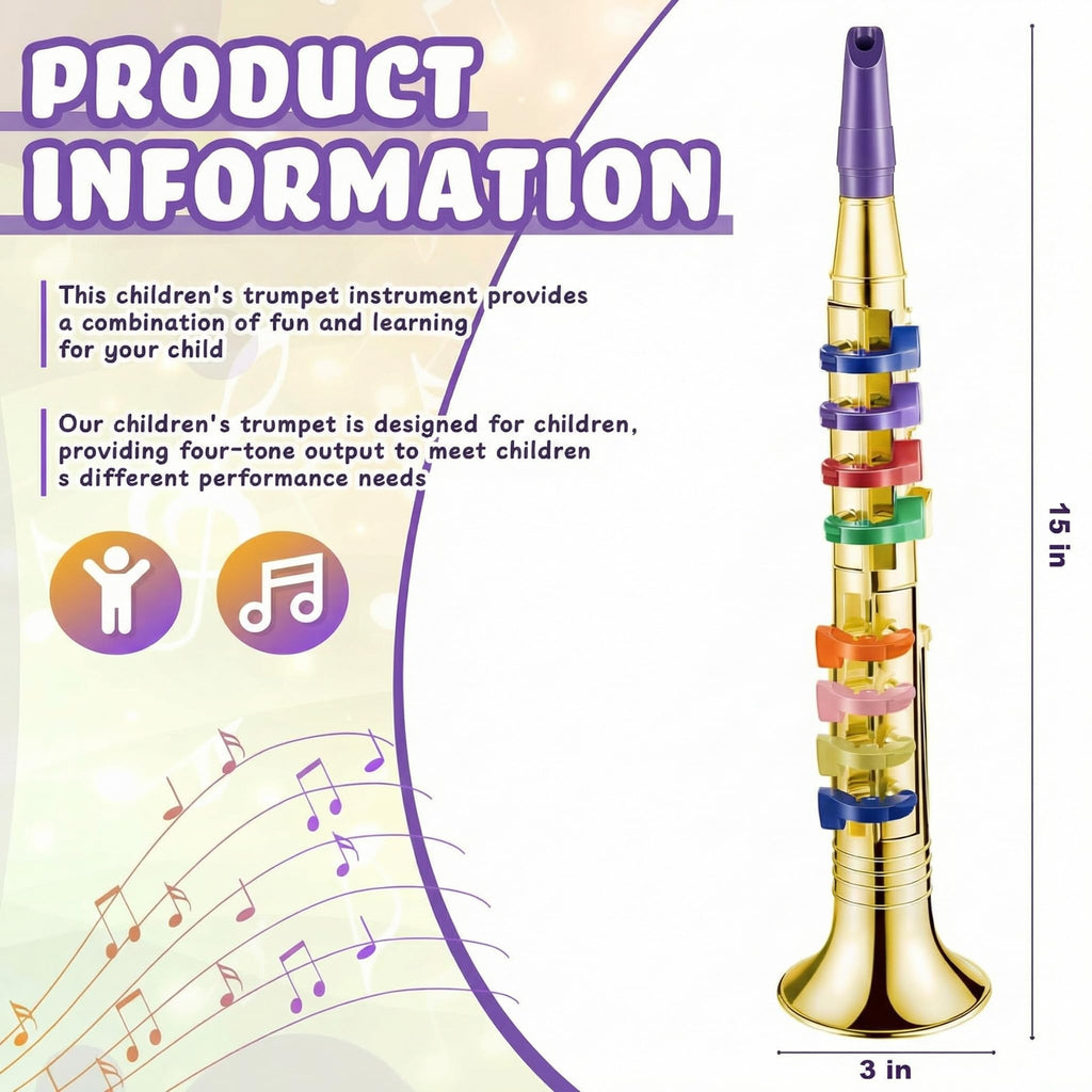 Lewtemi Gold Trumpet Musical Instruments Toy for Kid Toddler Fake Plastic Preschool Music Toy Gift Non-Professional Wind Instrument Early Educational Teaching Songs Gifts for Toddlers Children