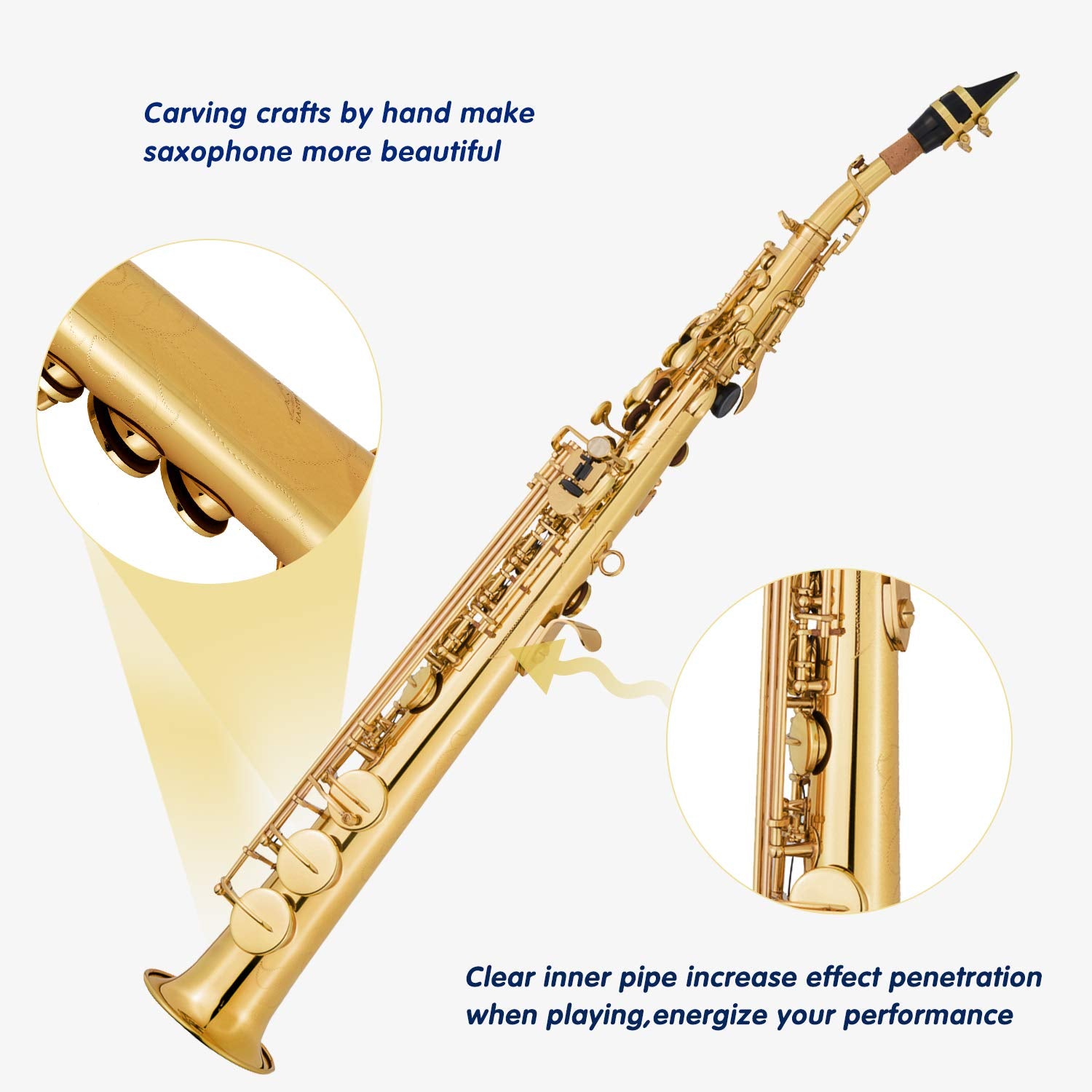 EASTROCK Soprano Saxophone Curved Bb Flat Black Sax Instruments for Beginners Intermediate Players with Carrying Case,Mouthpiece,Pads,Reed,Cleaning kit,neck Strap,White Gloves