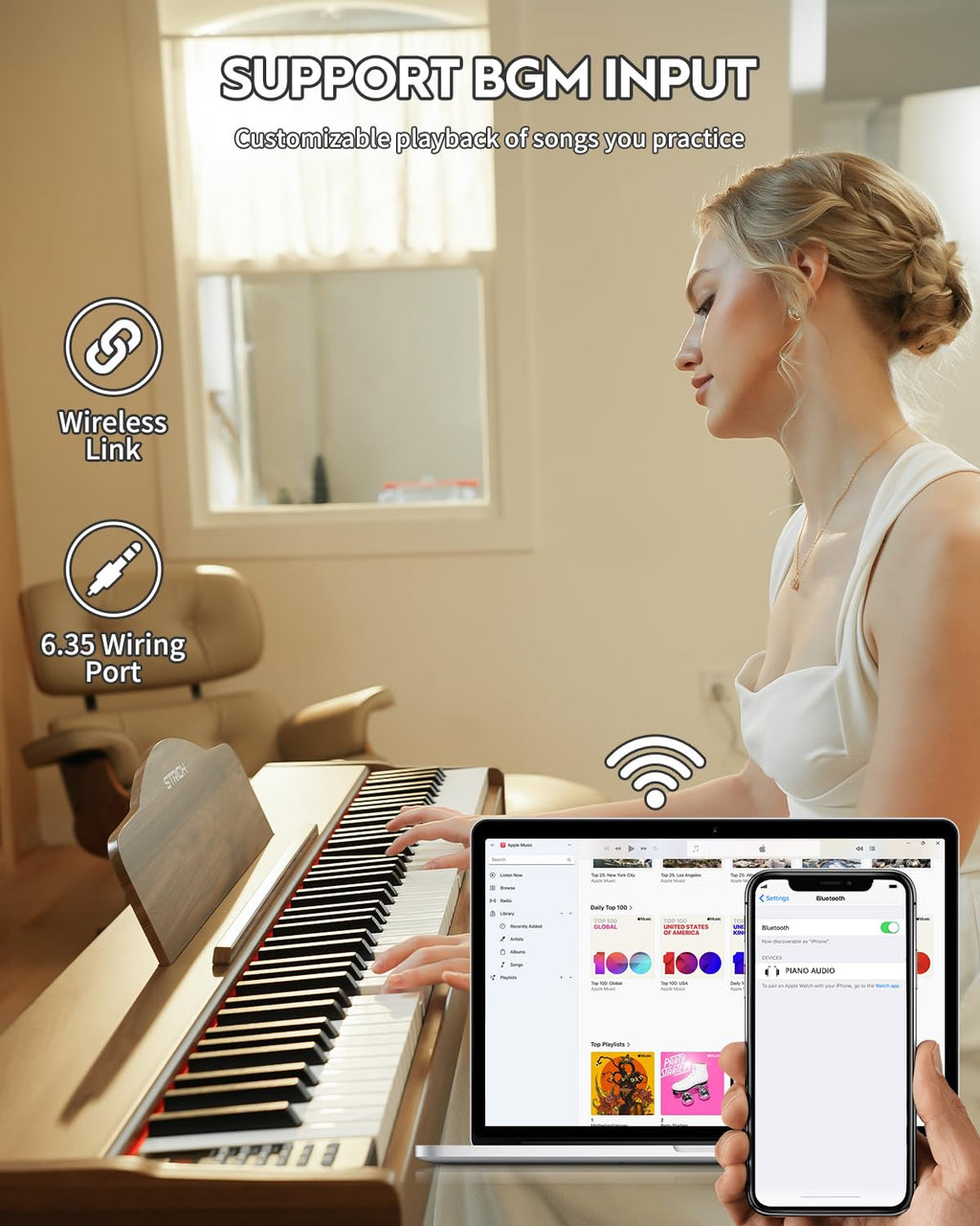 STRICH Digital Piano 88 Keys, Hammer-Action Weighted Keyboard, Full size Electric Piano Keyboard with Stand, 25Wx2 Speakers, Supports USB-MIDI/Wireless Connecting SDP-300S (Color Mahogany)