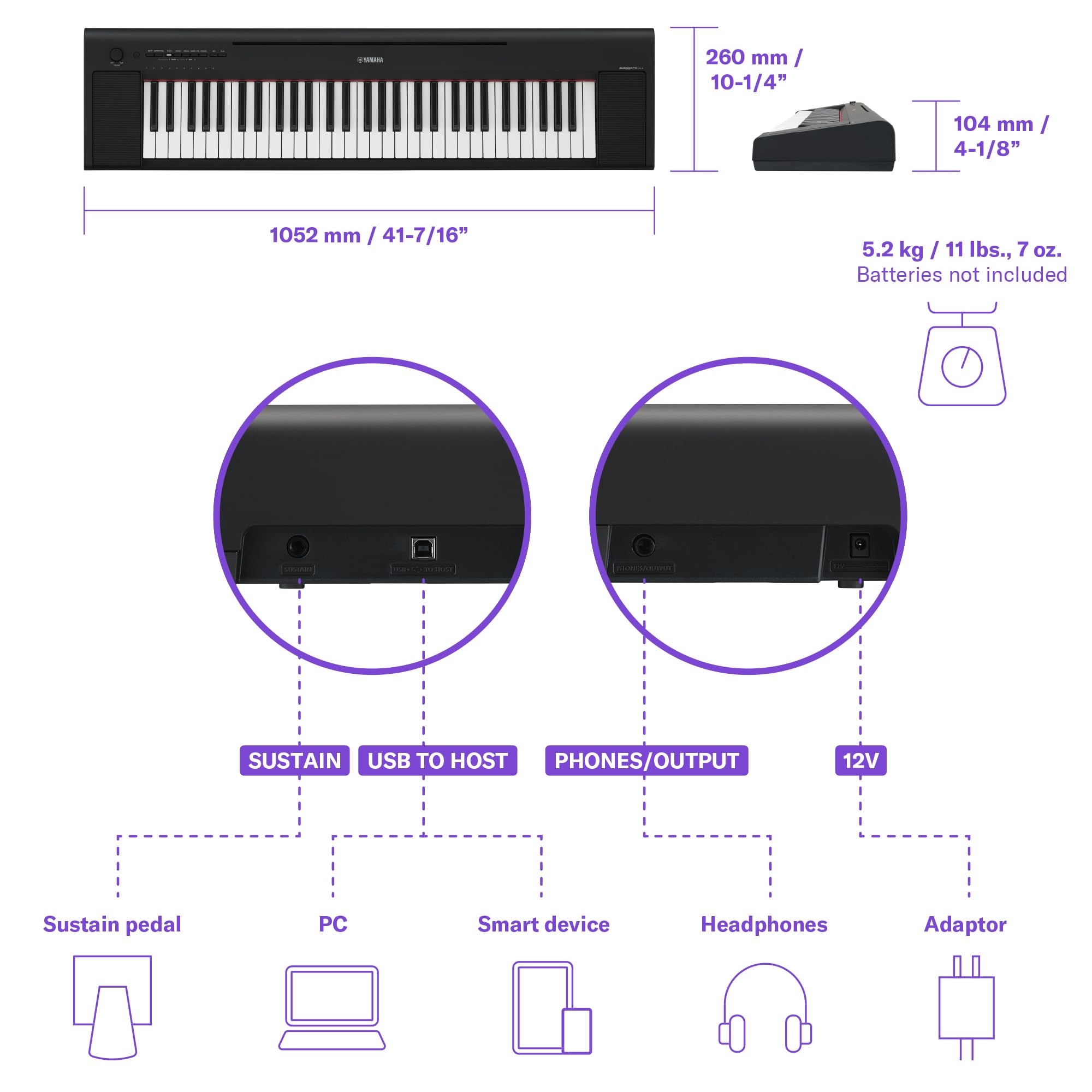 Yamaha Piaggero 61-Key Ultra-Portable Digital Piano, Touch Sensitive Keys, Metronome, Recording Function, Black NP15B
