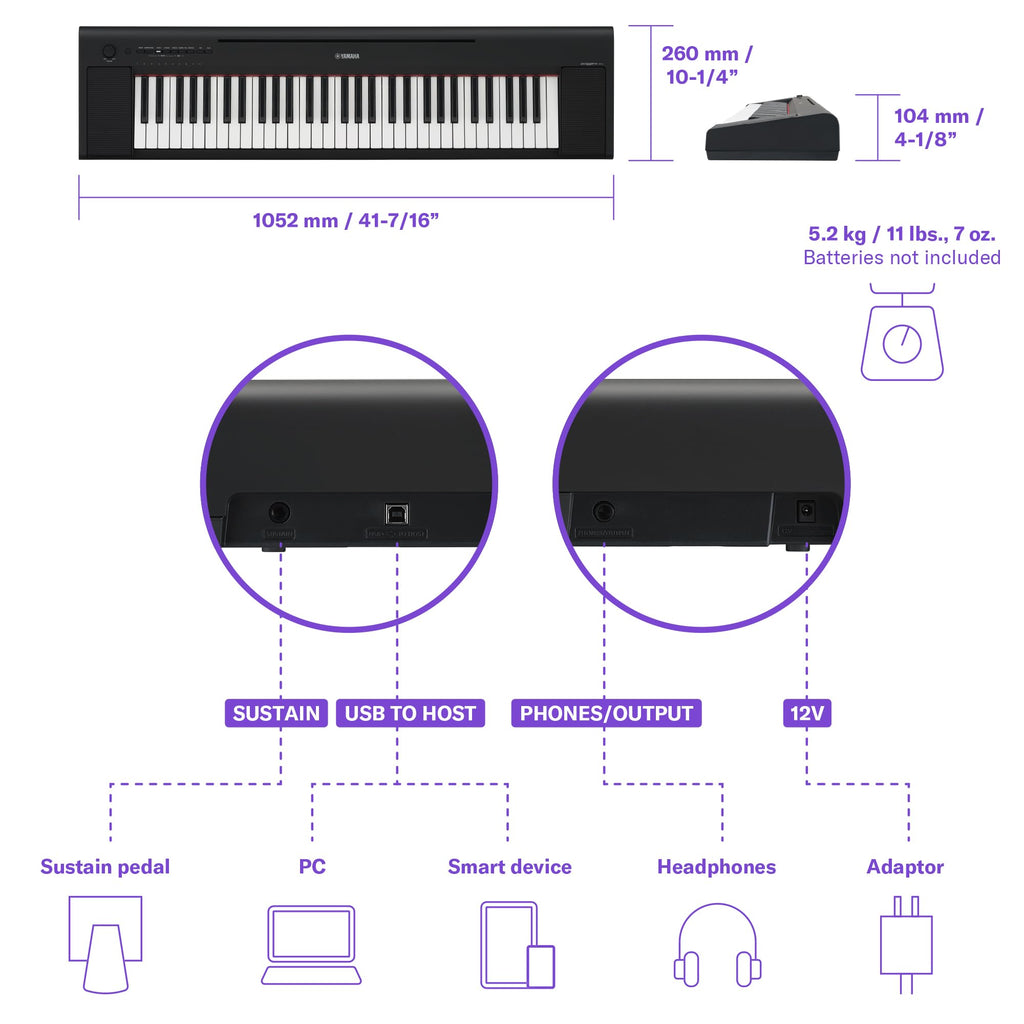 Yamaha Piaggero 61-Key Ultra-Portable Digital Piano, Touch Sensitive Keys, Metronome, Recording Function, Black NP15B