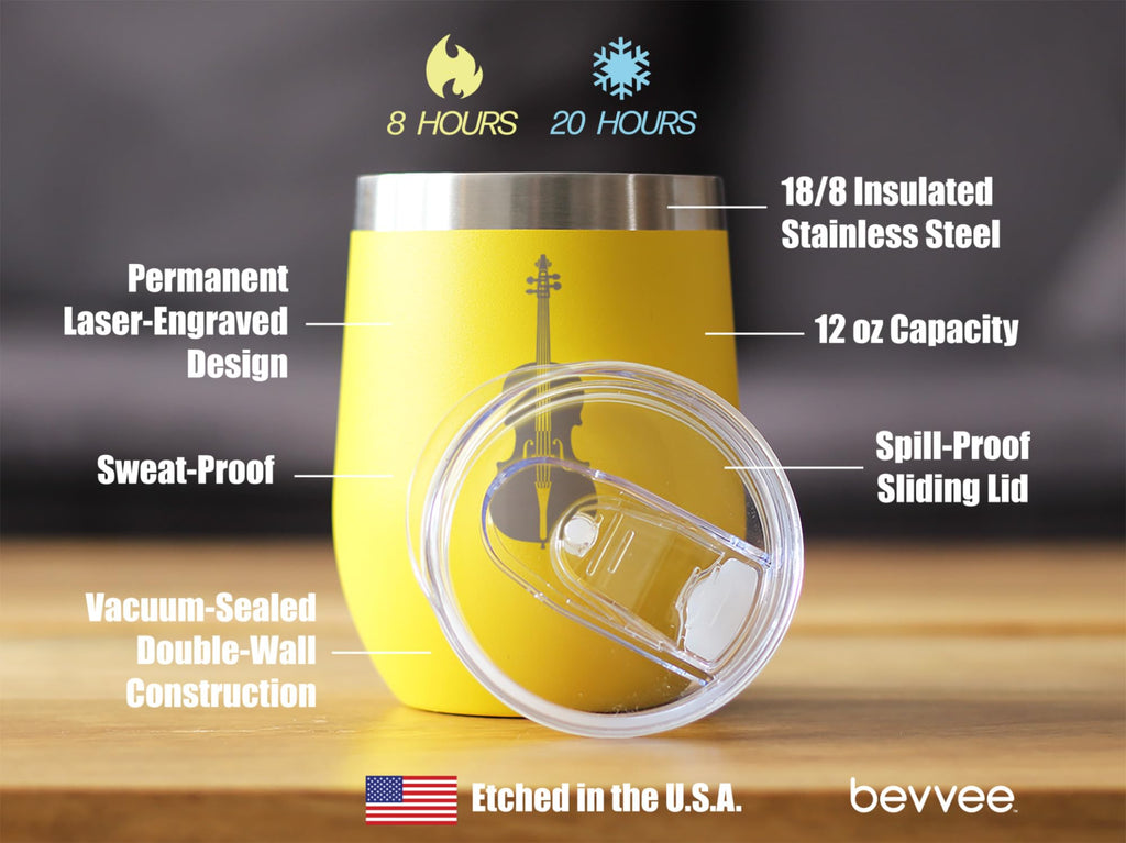 Bevvee Cello - Wine Tumbler Cup with Sliding Lid - Stainless Steel Insulated Mug - Orchestra Gifts for Cellists - Teal