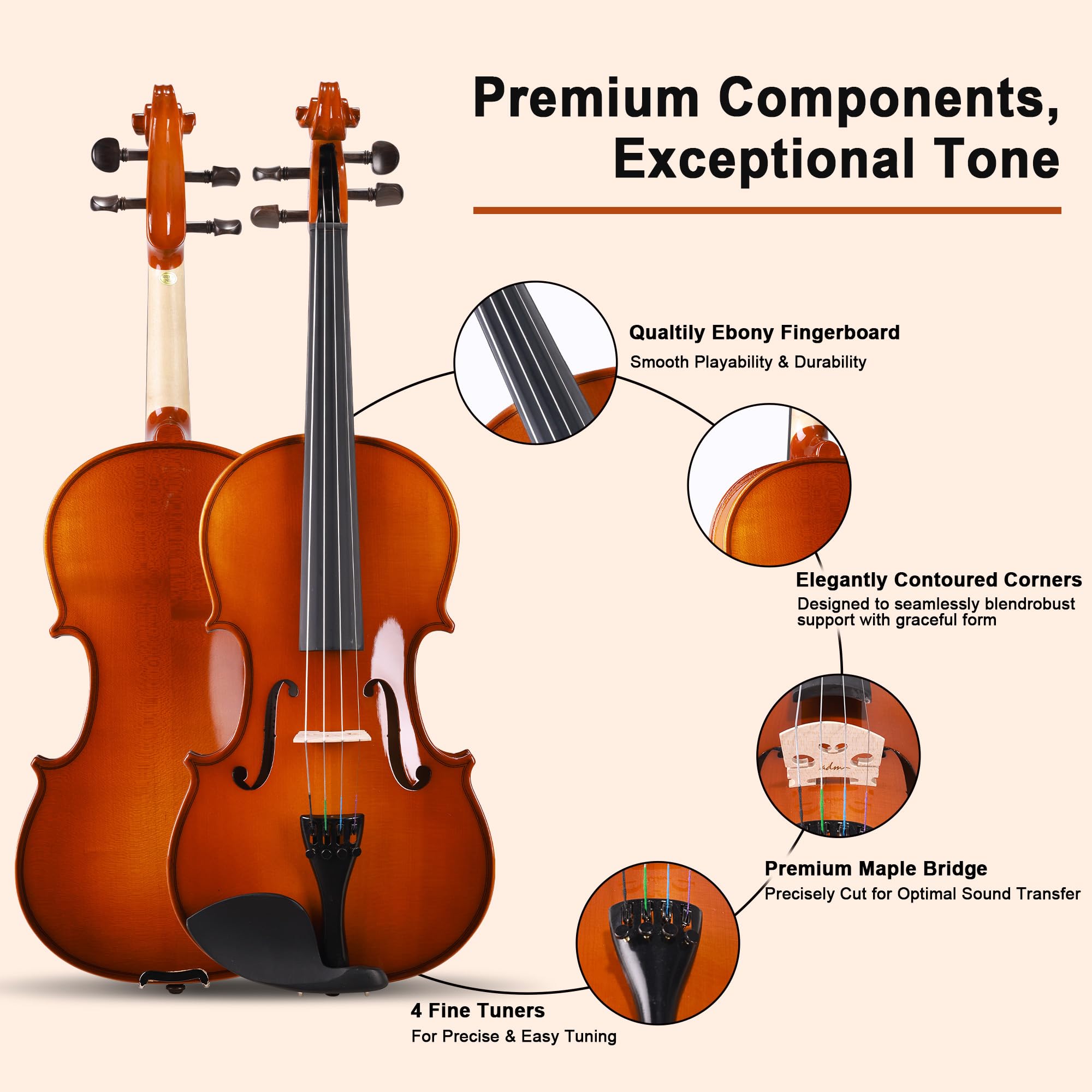 ADM Acoustic Violin for Beginner 4/4 Full Size Violin Set Solid Wood Ebony for Adult Teen Student Starter Kit with Hard Case, Shoulder Rest, Bow, Music Stand, Strings, Free Lessons (Sepia, 4/4 Size)