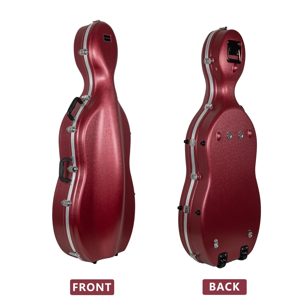 Crossrock ABS Cello Case for 4/4 & 3/4 Size | Wine Red Velvet Interior, Molded Hardshell with Wheels, Lock, Dual Bow Holders & Backpack Straps-Dark Red (CRA862CEFDR)