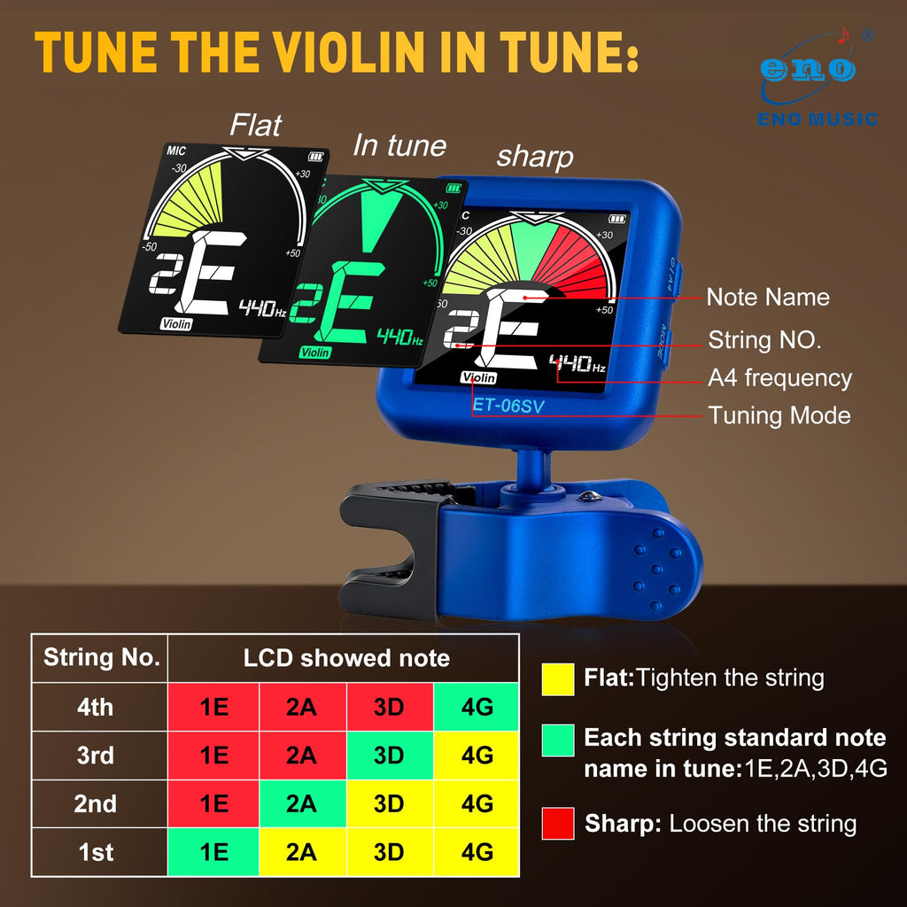 ENO MUSIC Rechargeable Type-C Quick Charge Easy Control Big LCD Display Easy Reading Clip-on Tuner for 4/4 Violin Viola Bass, Red
