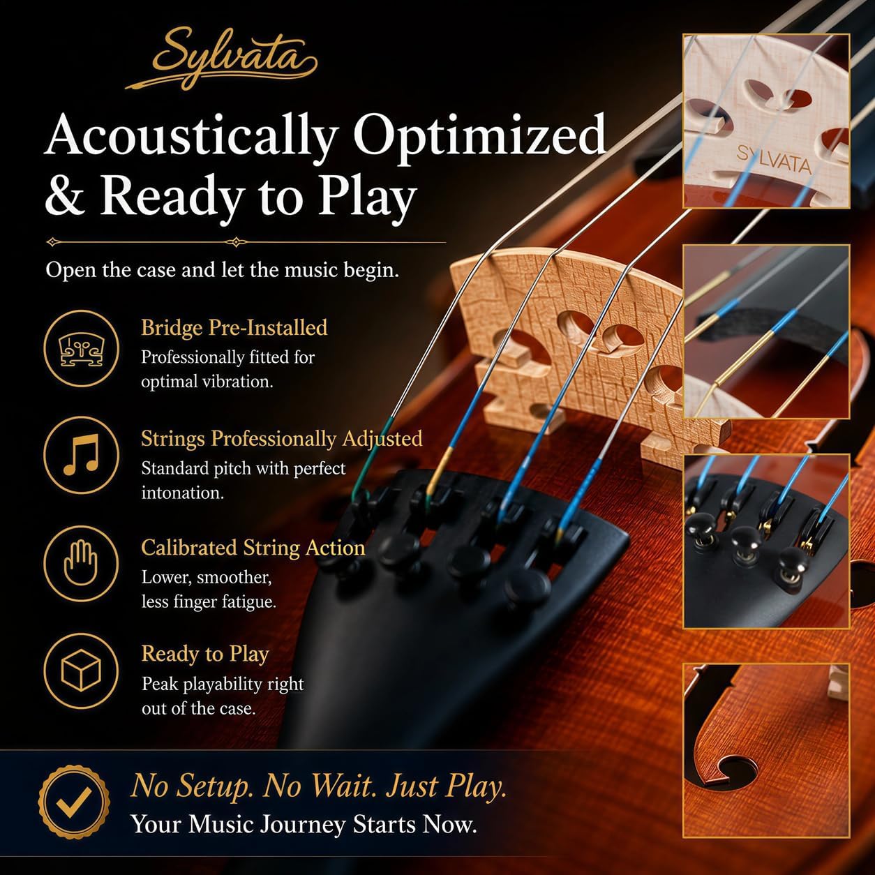 4/4 Full Size Violin Starter Kit, Acoustic Fiddle for Beginners & Students, Tiger-Striped Violin 4/4 Full Size with Ebony Fittings, Includes Alice Bow, 2 Bridges, Tuner, and Case