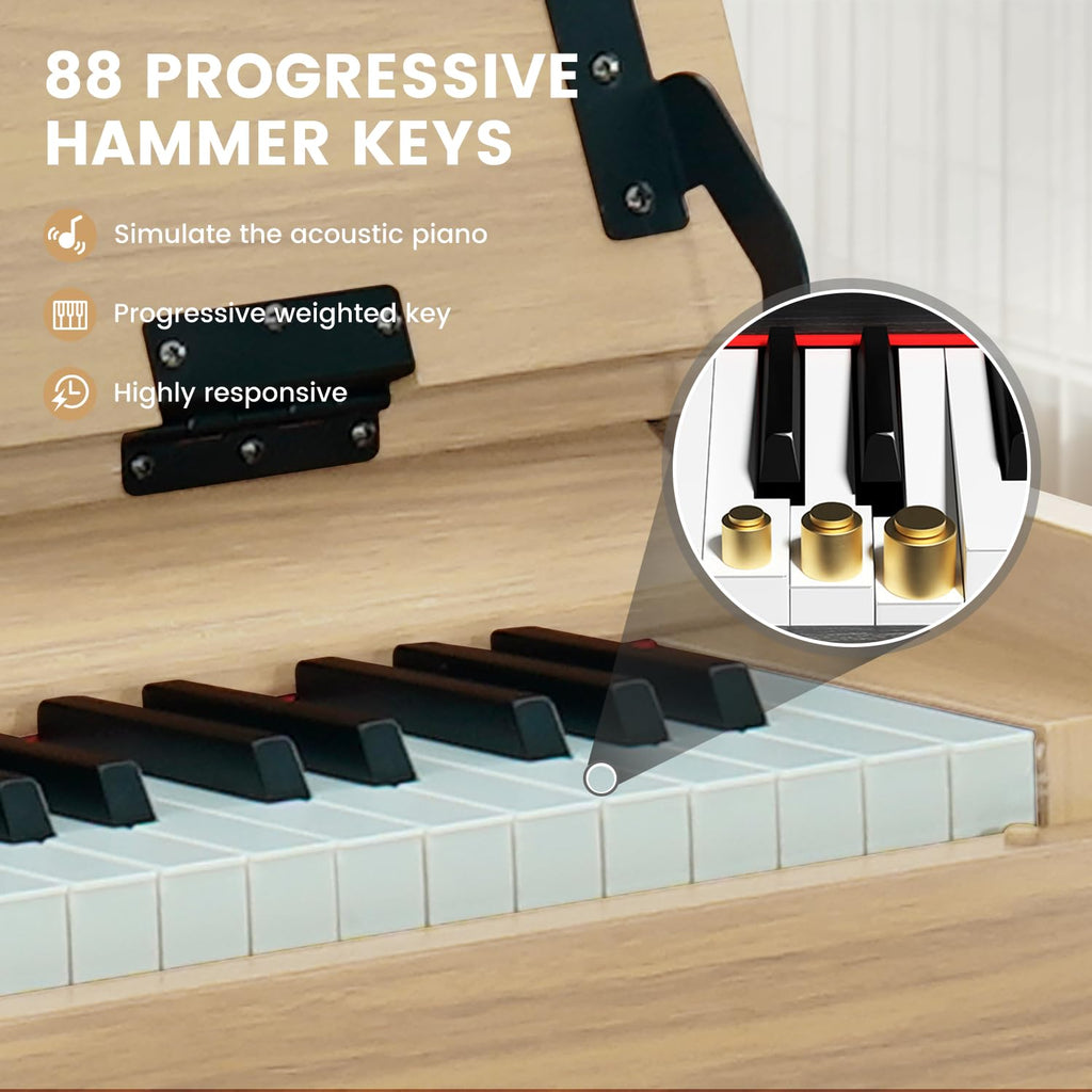 88-Key Weighted Piano Keyboard, Hammer Action Digital Piano with Speakers, Wooden Electric Piano with bench, Triple Pedal, Headphone, cover, Supports MIDI Connecting (Brown)
