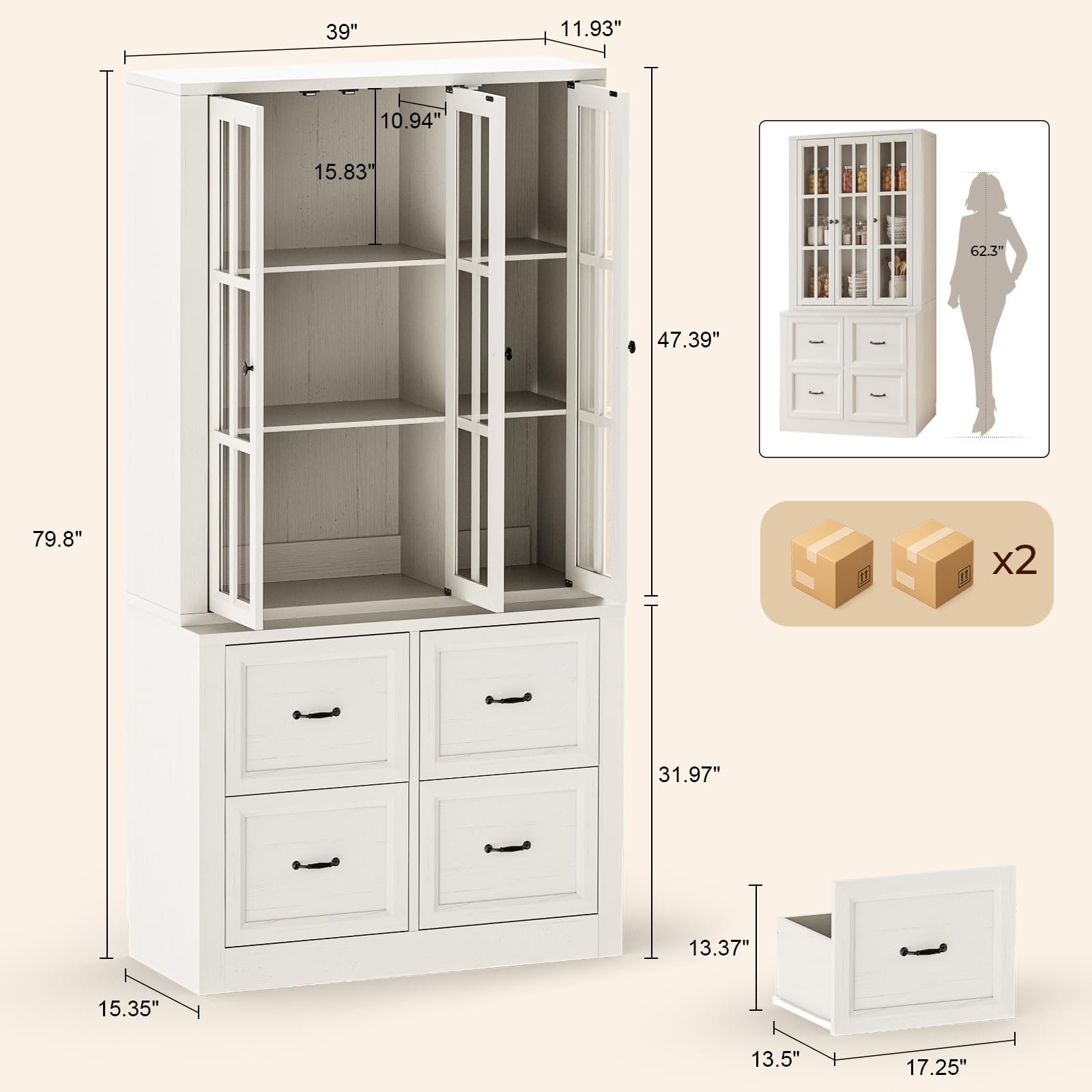 80" Tall Storage Cabinet with Glass Doors, 2-in-1 Modular Bookcase Cabinet, Freestanding Kitchen Pantry Storage Cabinet & Bookshelf for Living Room, Kitchen, Bathroom (4, Cracked Oak, AD)