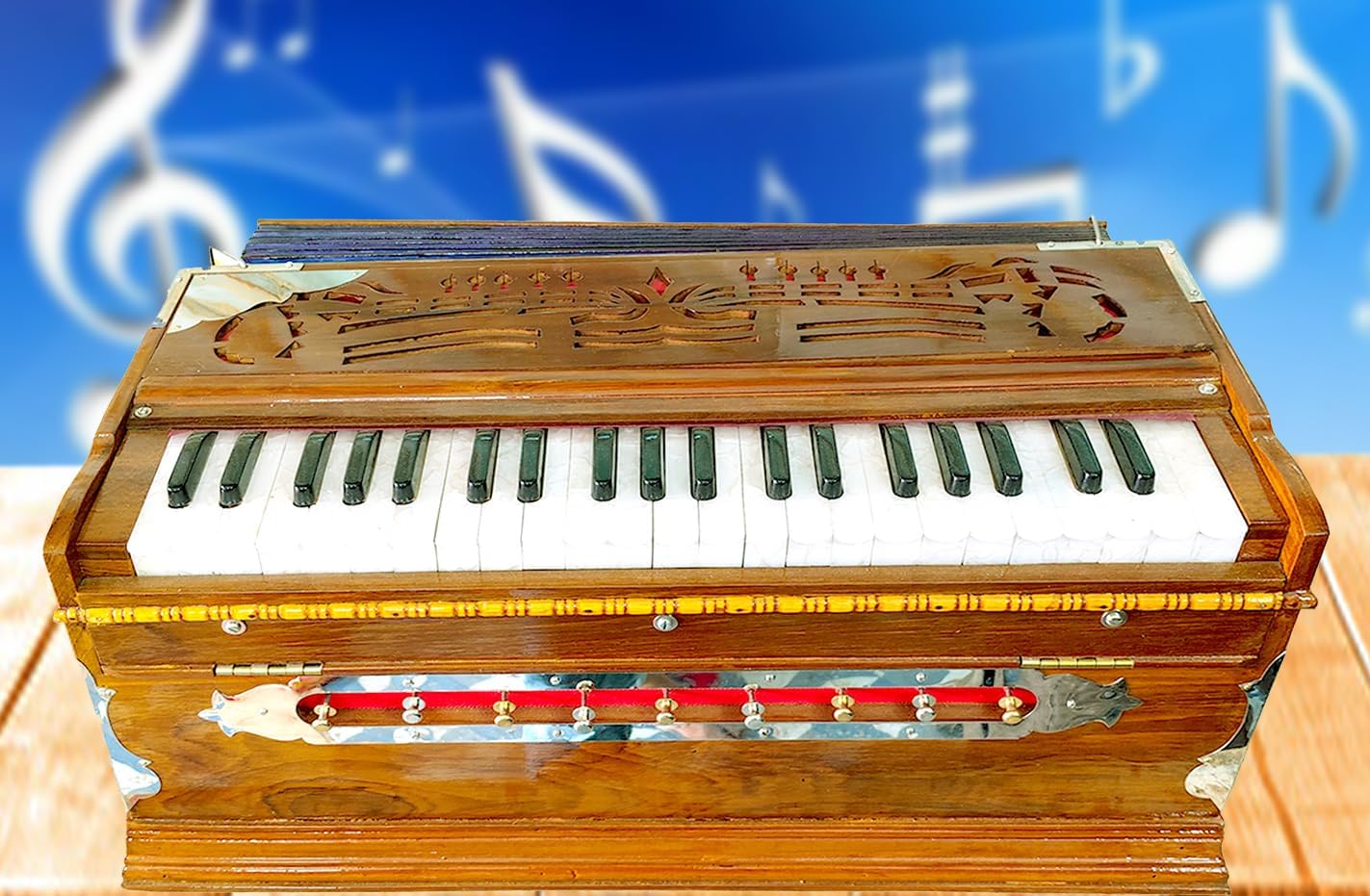 Harmonium, Maanvish Professional Harmonium Standard,Double Reeds, 3 1 4 Octaves, 9 Stops, 4 Extra Notes, Padded Bag