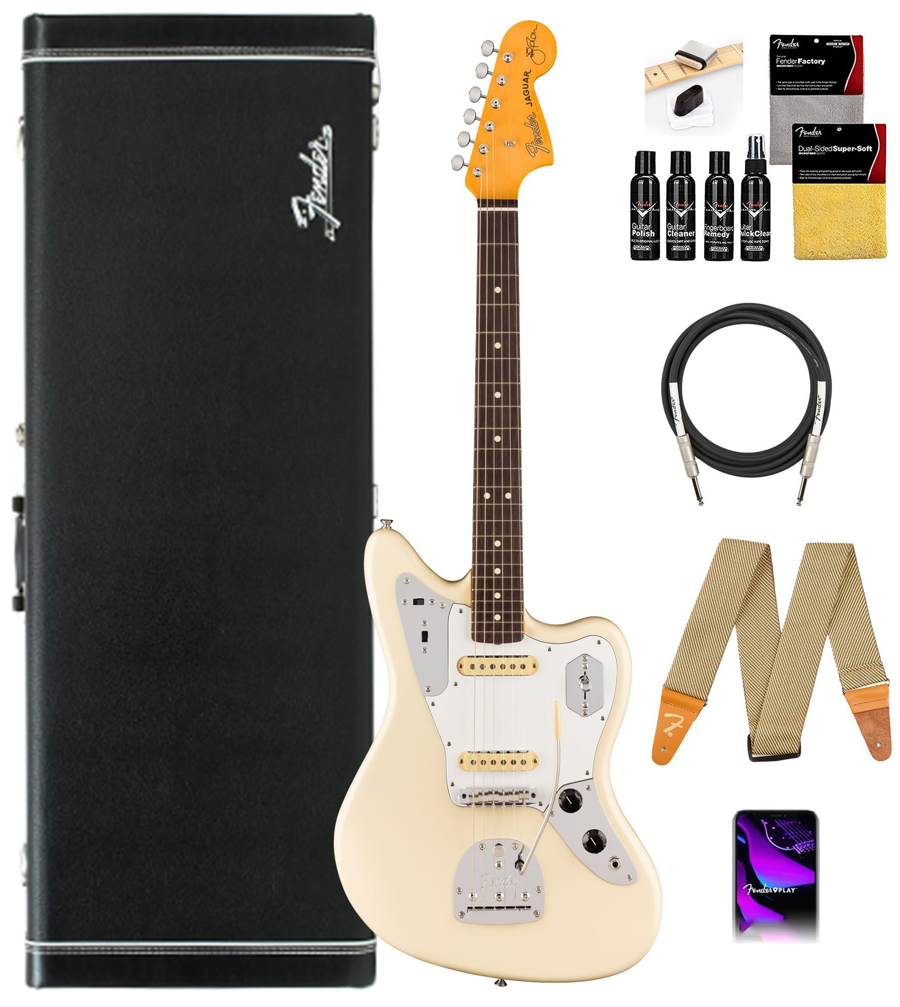 Fender Johnny Marr Jaguar - Olympic White Bundle with Tweed Case, Cable, Strap, and Guitar Cleaning Kit