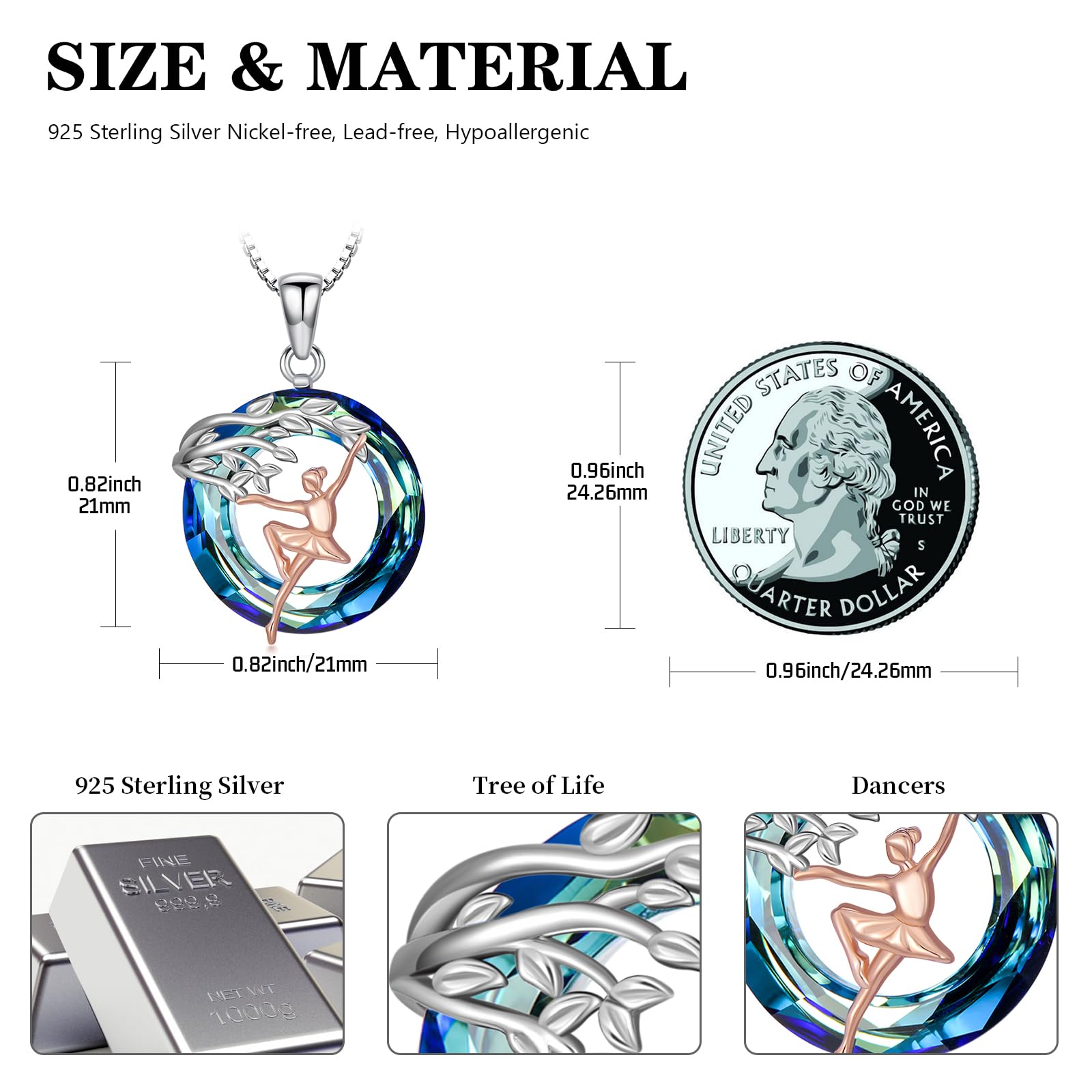 Sport/Music Necklace for Women 925 Sterling Silver Crystal Pendant Tree of Life Jewelry Gifts for Sport Players