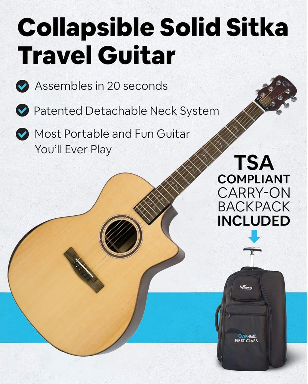 Journey Instruments Solid Sitka Acoustic Collapsible Travel Guitar PJ410N | Traveling Acoustic Guitar with Collapsible Patented System, Portable Backpack Case (African Mahogany)