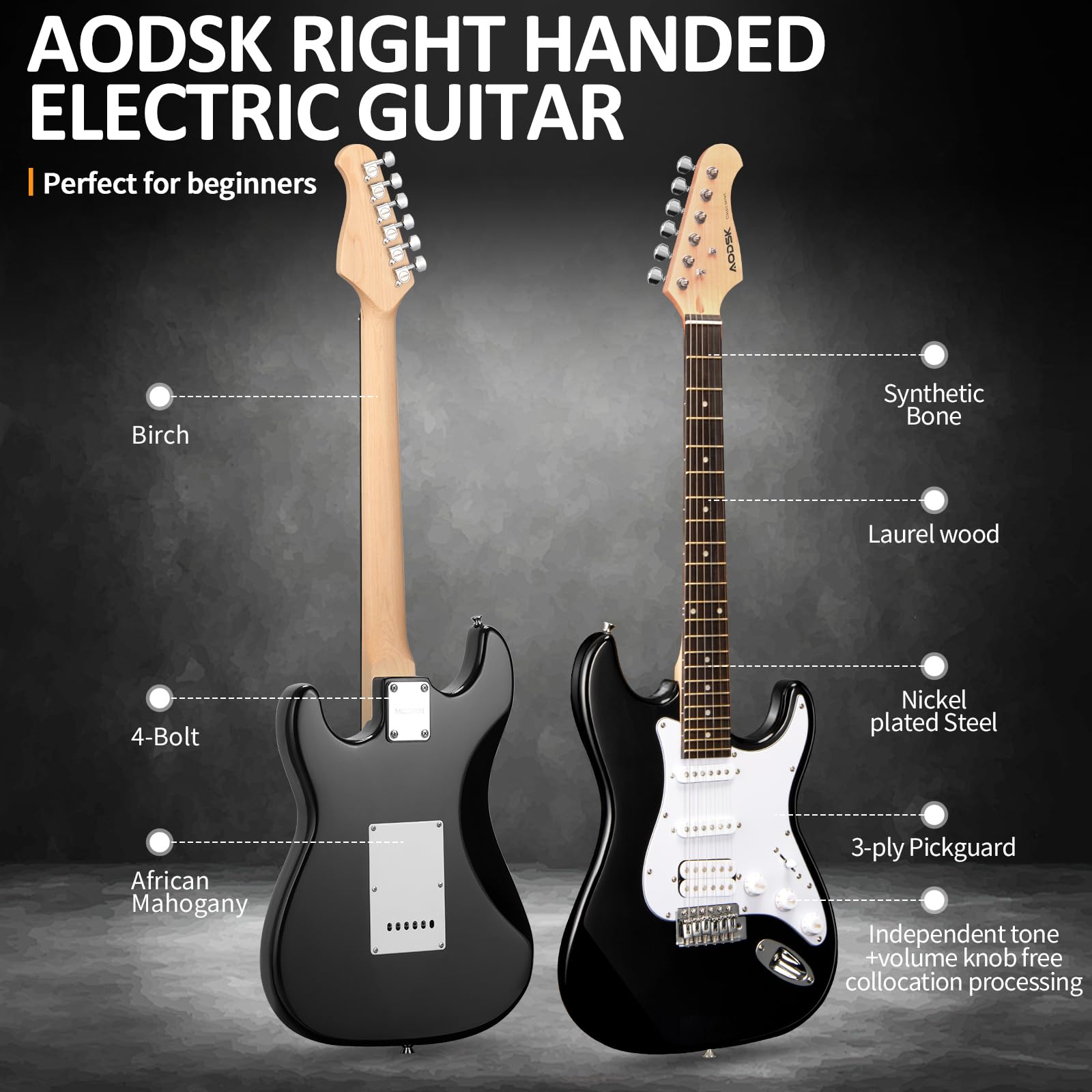 AODSK Electric Guitar with Amp Beginner Kit 39 Inch Solid Body Full Size,All Accessories,Digital Tuner,Six Strings,Four Picks,Tremolo Bar,Strap,Gig Bag,Starter kit (Blue-HSS)