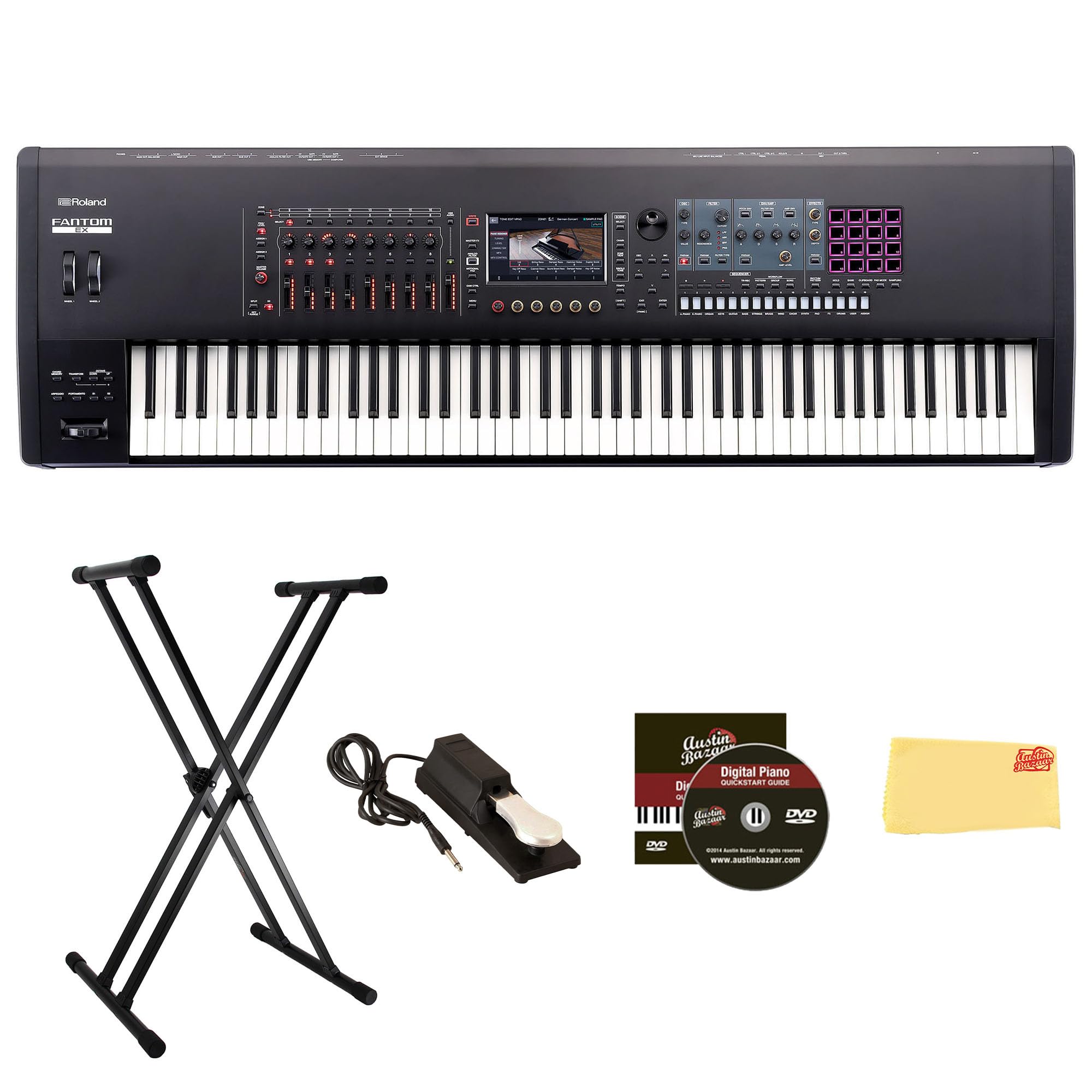 Roland Fantom 8 EX 88-Key Workstation Keyboard Synthesizer Bundle with Adjustable Stand, Sustain Pedal, Online Piano Lessons, Instructional DVD, and Austin Bazaar Polishing Cloth