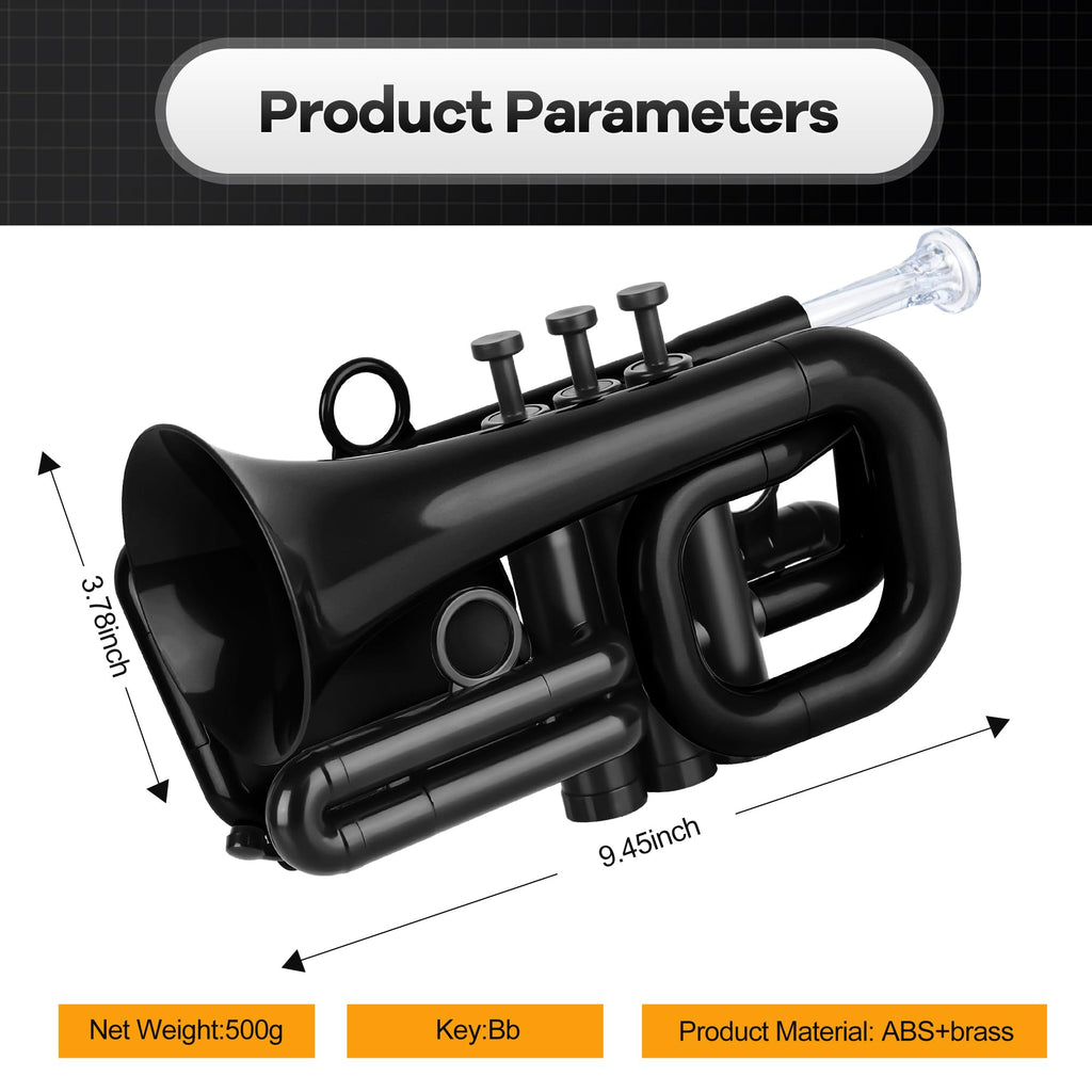 PAMPET DOLPHIN Pocket Trumpet Plastic Bb Trumpet Standard Trumpets for Student Beginner Bb Trumpets Instrument (Black)