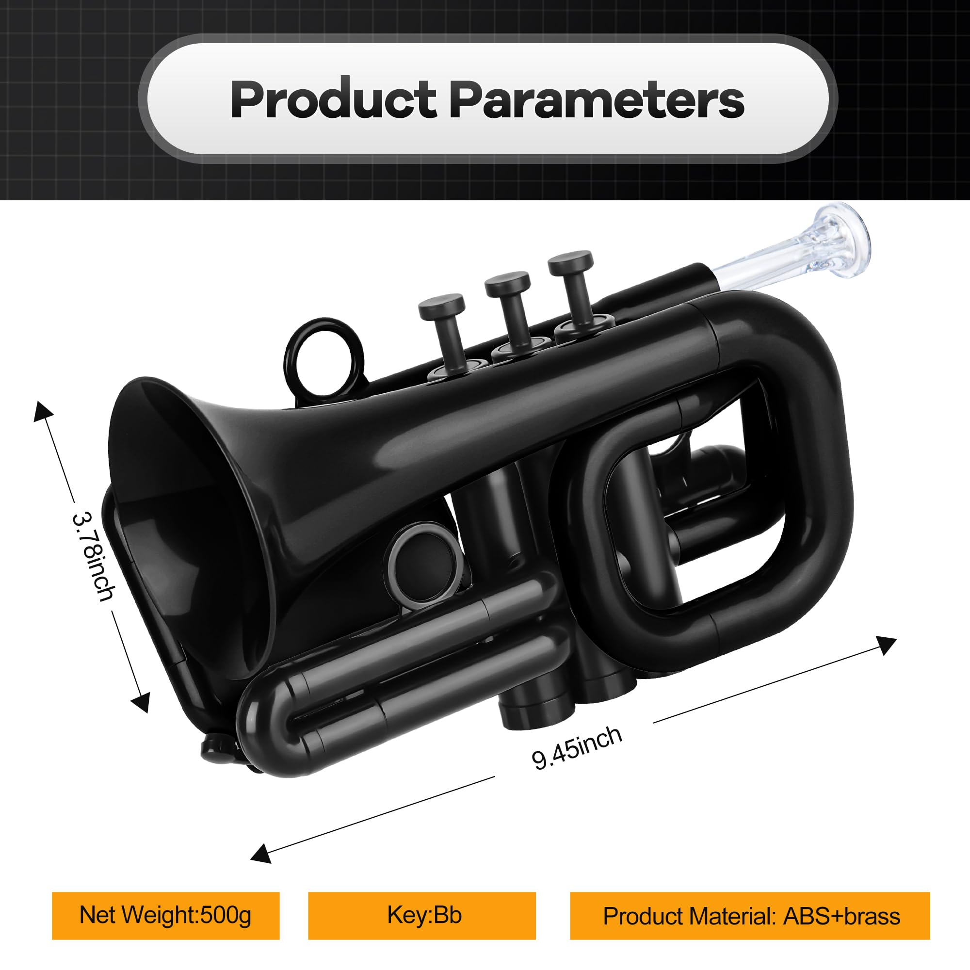 PAMPET DOLPHIN Pocket Trumpet Plastic Bb Trumpet Standard Trumpets for Student Beginner Bb Trumpets Instrument (Black)