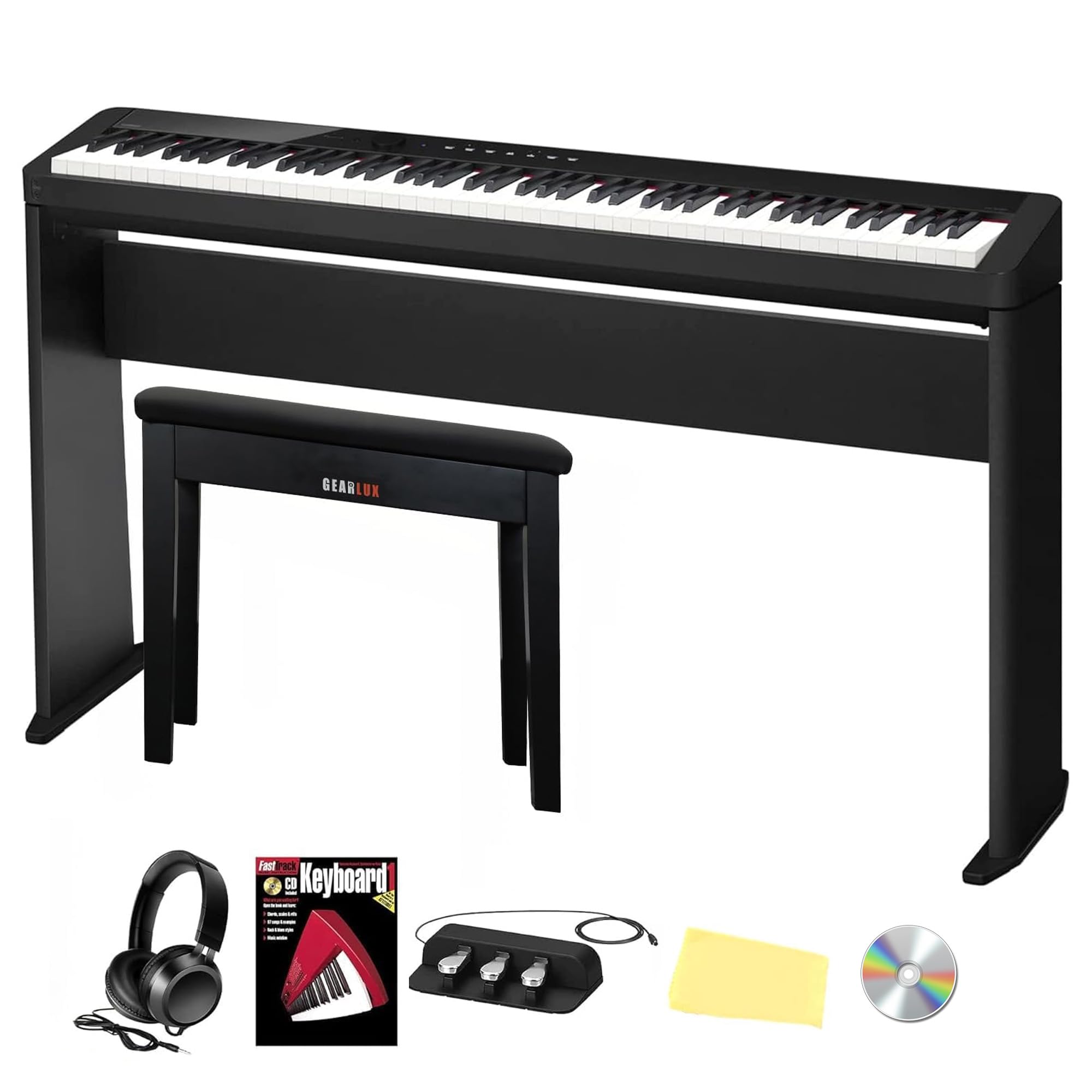 Casio Privia PX-S5000 Digital Piano - Black Bundle with CS-68 Furniture Stand, Bench, Headphones, Instructional Book, Online Lessons, Instructional DVD, and Austin Bazaar Polishing Cloth