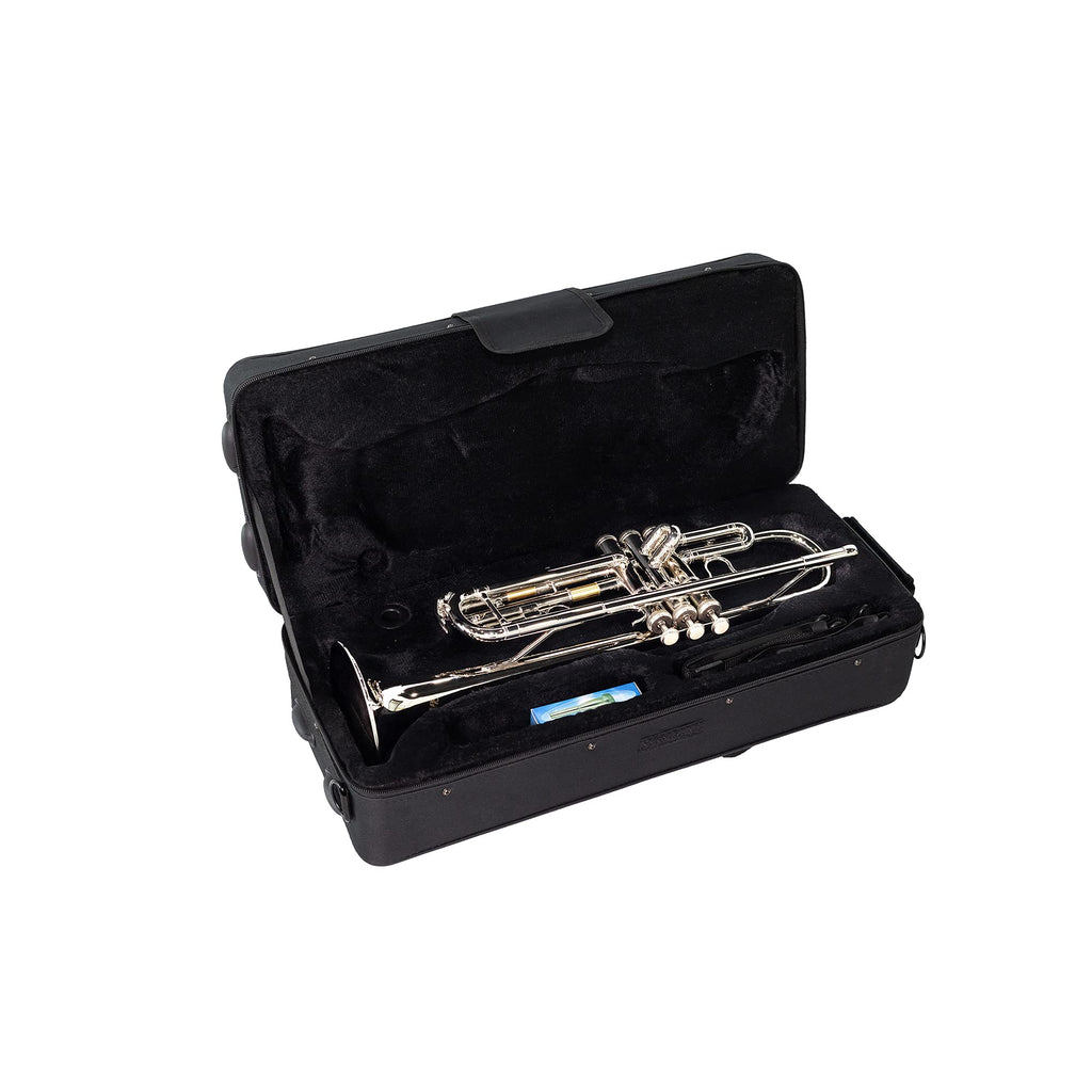 LeSage Bb Standard Trumpet Set for Beginner, Brass Student Trumpet with Carrying Case, Care Kit, Valve Oil, Cloth, 7C Mouthpiece & Gloves Silver