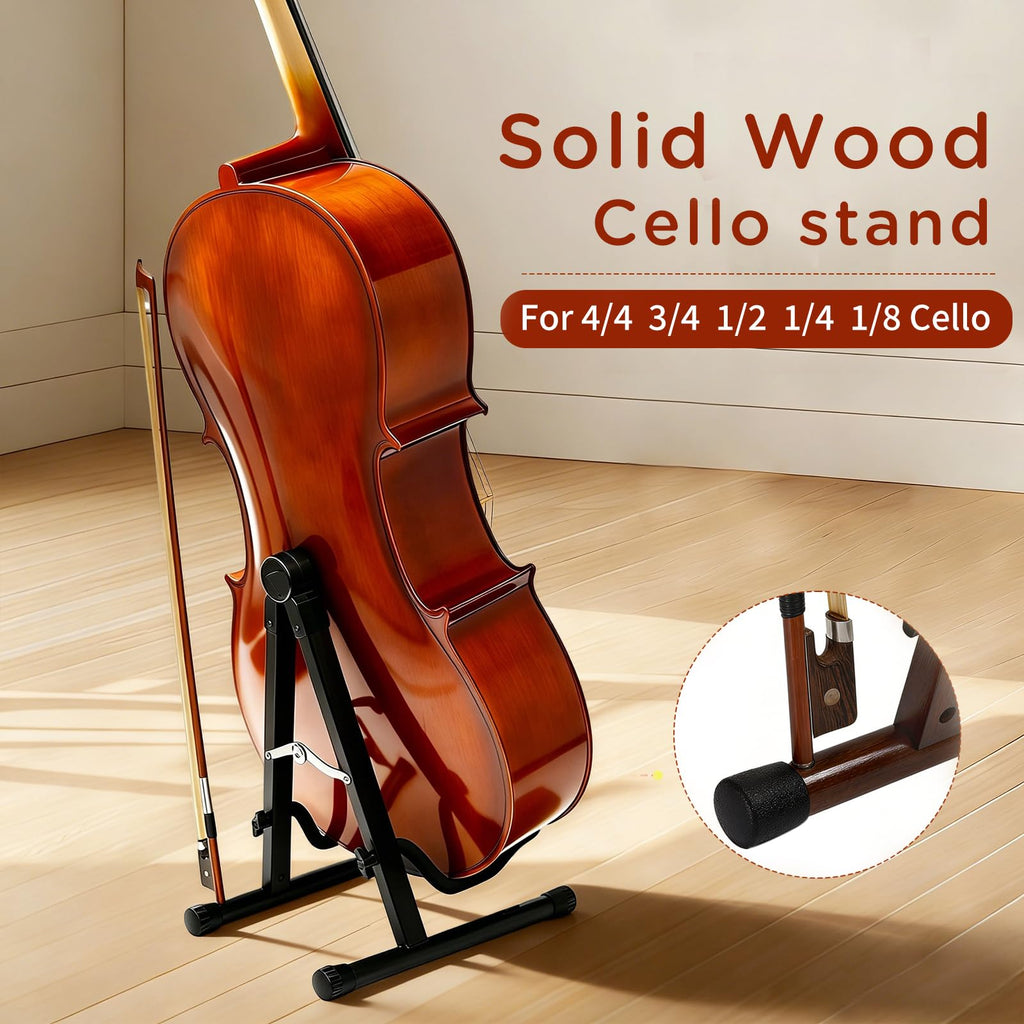 Cello Stand with Bow Holder, Wooden Stand for 1/2, 3/4, 7/8, 4/4 Full-Size, A-Frame Floor Cello Stand with Padded Foam and Non Slip Pad, Cello Display Stand (Black Walnut)