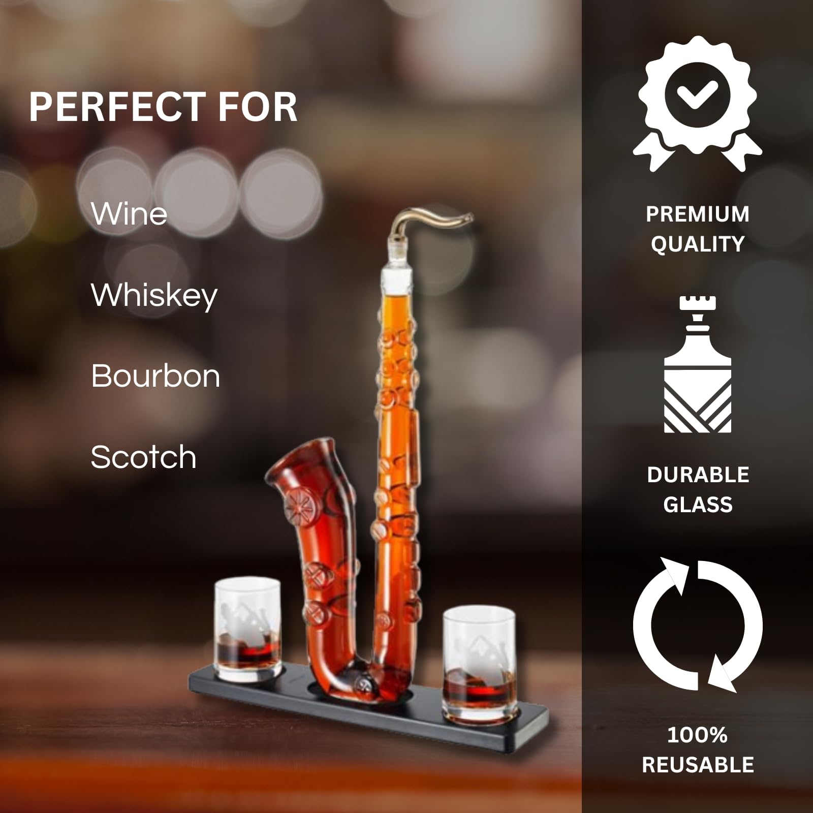 Saxophone Whiskey & Wine Decanter - 34 OZ Decanter Set with Two 10 Oz Whisky Glasses - Bourbon, Scotch, Liquor Gifts for Men, Dad, Father, Music Lover Gifts, Classical Instrument Room Home Décor