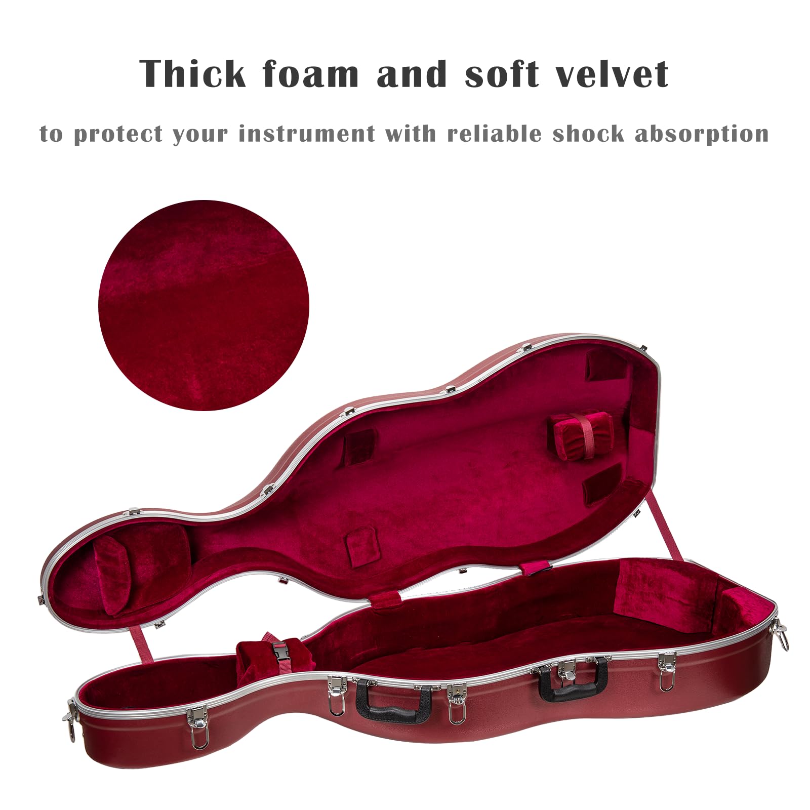 Crossrock ABS Cello Case for 4/4 & 3/4 Size | Wine Red Velvet Interior, Molded Hardshell with Wheels, Lock, Dual Bow Holders & Backpack Straps-Dark Red (CRA862CEFDR)