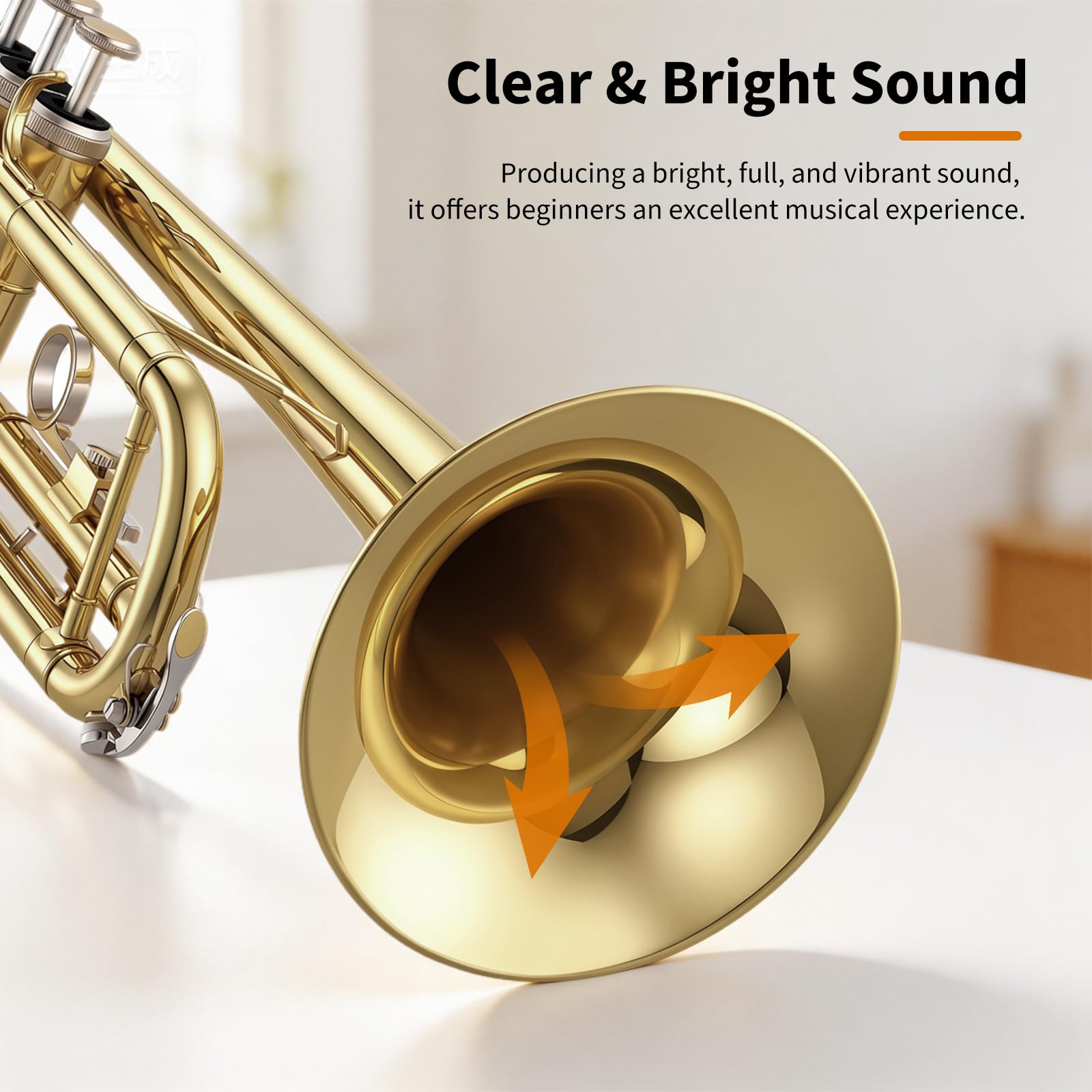 JAMELO Bb Standard Trumpet Set, Brass Trumpet Instrument for Student/Beginner with Carrying Case, 7C Mouthpiece, Cleaning Cloth and Gloves (TP-100, Gold)