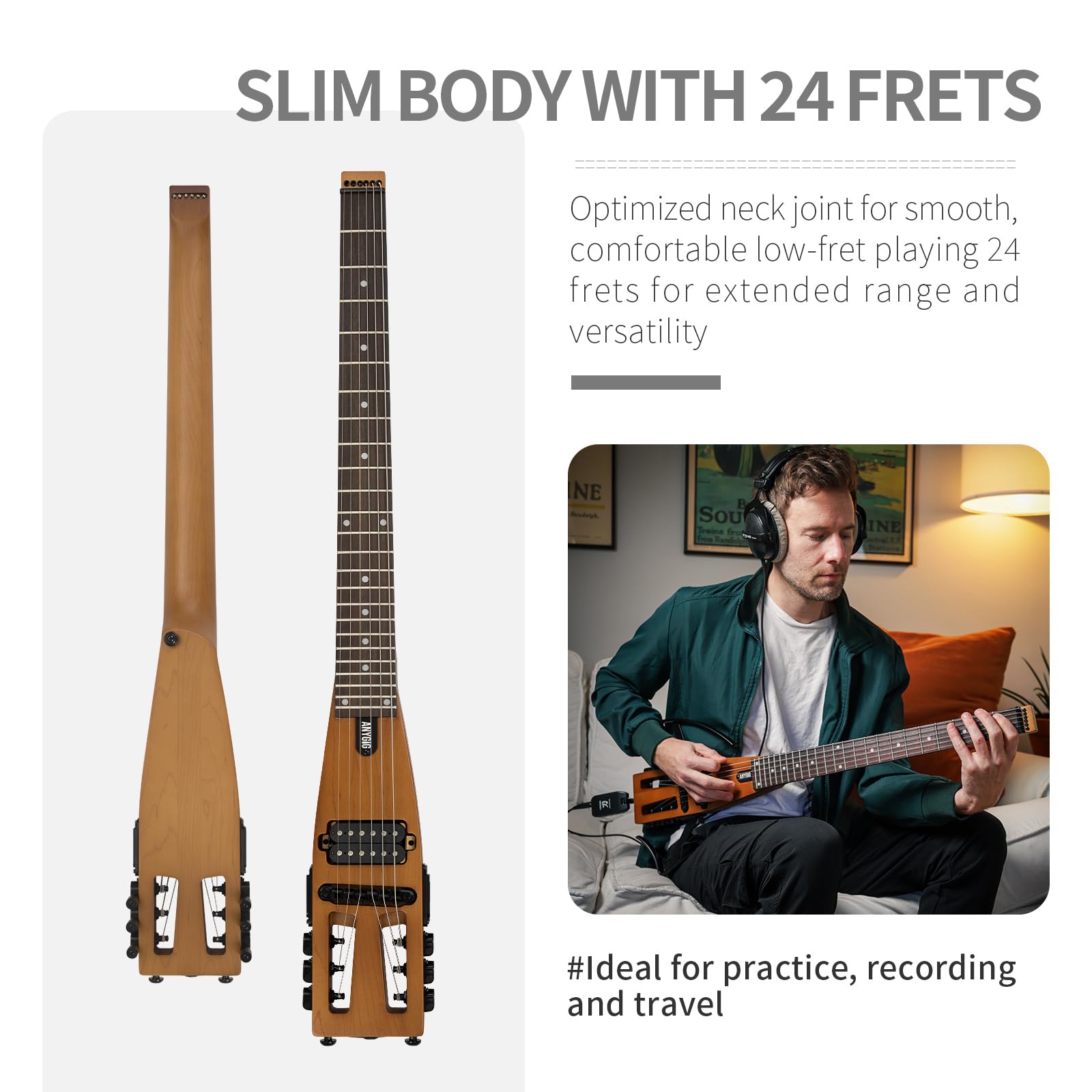 Anygig Travel Electric Guitar Headless – Portable Ultra-Light and Quiet, Full-Scale 25.5” Rosewood Fingerboard, Glow Humbucker, Gig Bag, Removable Stands for Left and Right Black