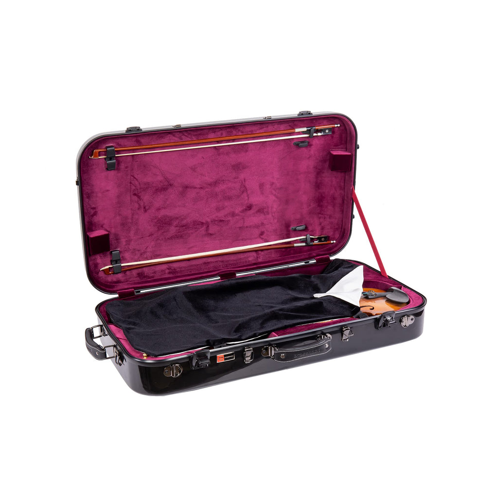 Crossrock Fiberglass Double Case for Mandolin & 4/4 Violin – Fits A & F-Style | Black Gloss Finish, TSA Lock, Backpack Straps, Accessory Storage – Pro Tour Series
