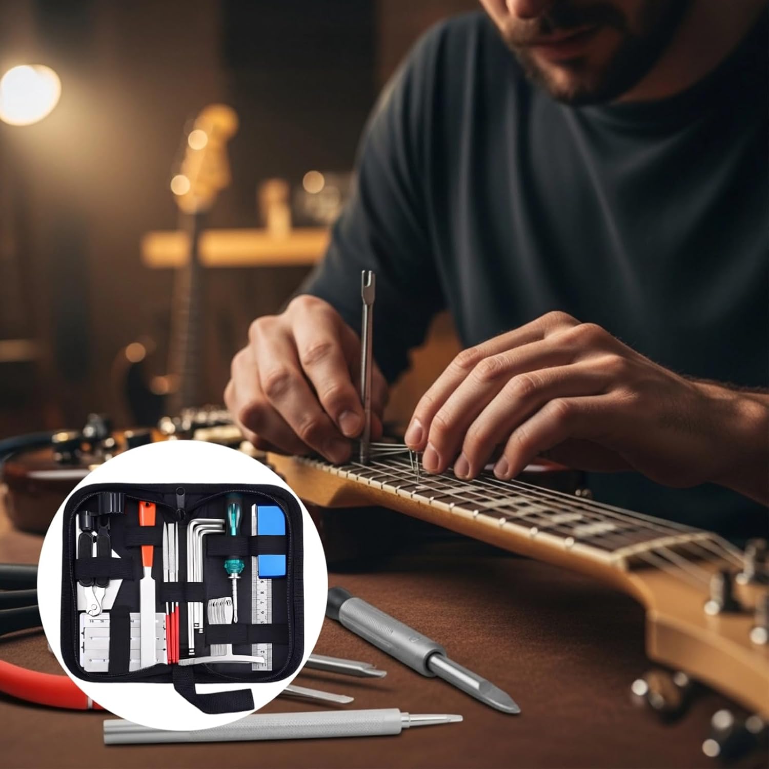 26 Pcs Guitar Tool Kit with Nut Files, String Action Gauge, Leveling Ruler, Understring Radius Gauges, Hex Wrench, Guitar Setup Tool Kit, Guitar Maintenance and Repair Kit