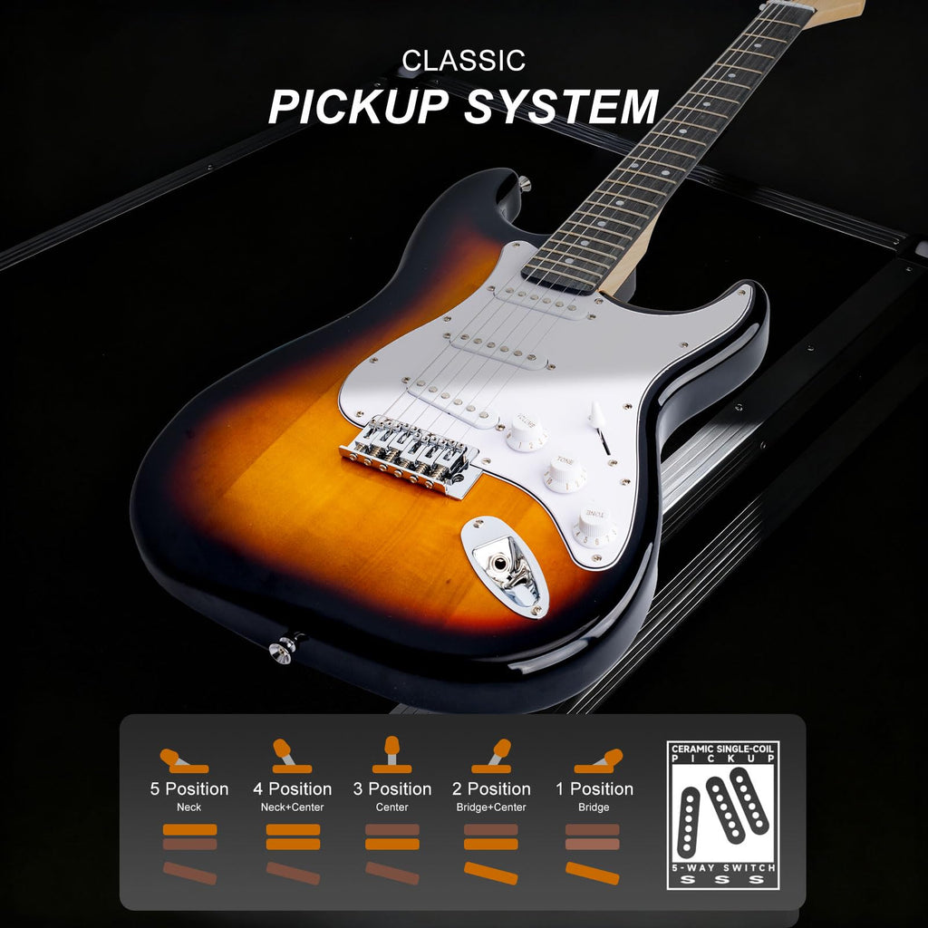 39 Inches Full Size Electric Guitar Beginner Electric Guitar Kits with 10W Amp Classic SSS Pickup Complete with Gig Bag Tuner Capo Strap Picks Guitar String Winders Black