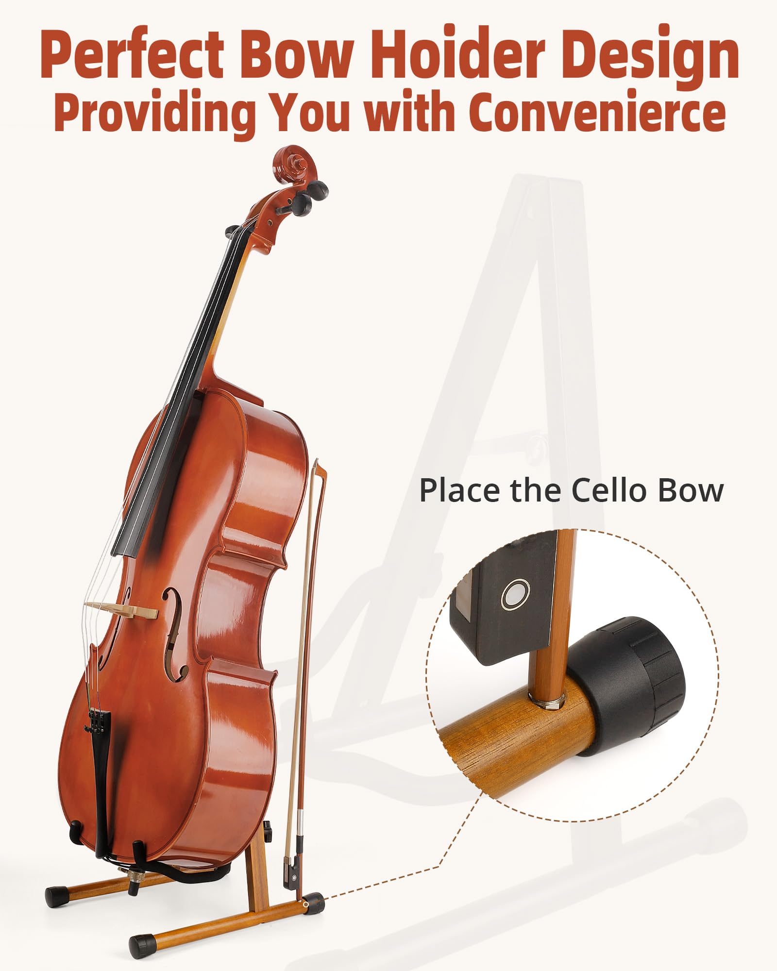 MUSO Cello Stand with Bow Holder,A-Frame Floor Stand with Padded Foam, Handcrafted Cello Rack Fits 1/2, 3/4, 7/8, 4/4 Full-Size and Guitar, Instrument Holder for Home and Studio Display