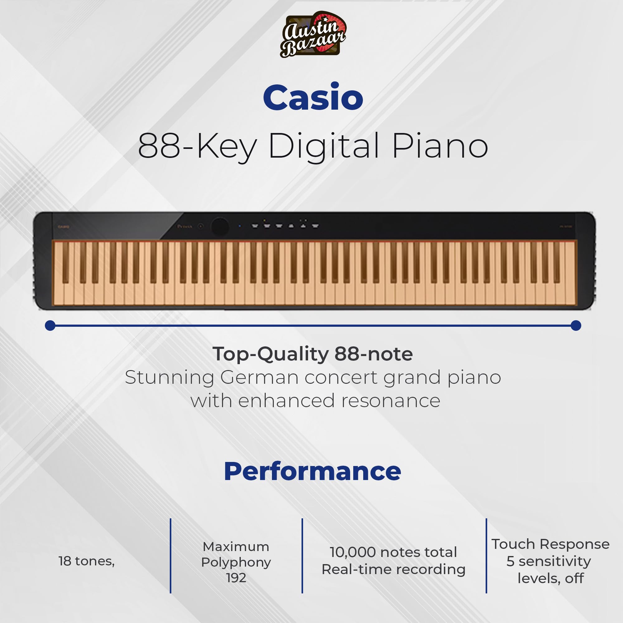 Casio PX-S1100 Privia Digital Piano - Black Bundle with CS-68 Furniture Stand, SP-34 Three Pedal System, Furniture Bench, Instructional Book, Instructional Video, and Austin Bazaar Polishing Cloth