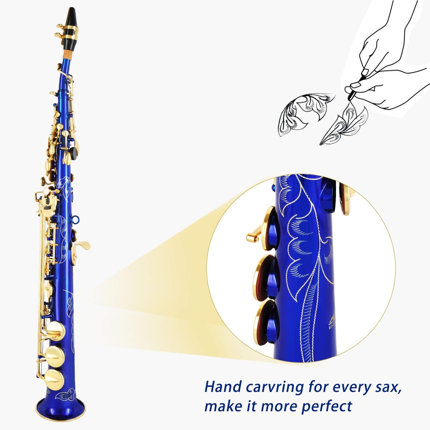 EASTROCK Soprano Saxophone Curved Bb Flat Black Sax Instruments for Beginners Intermediate Players with Carrying Case,Mouthpiece,Pads,Reed,Cleaning kit,neck Strap,White Gloves