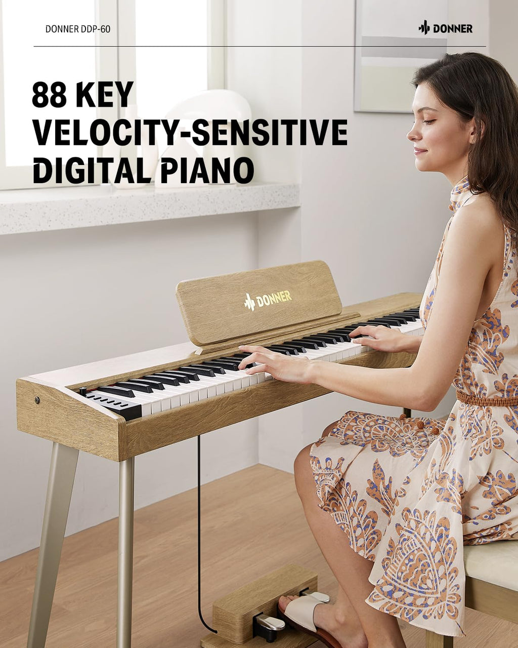 Donner OURA S100 Digital Piano with 88 Key Graded Hammer Weighted Keyboard for Beginner, Full Size Electric Piano Keyboard with Bluetooth, 3 Original Demos, LOCAL OFF, 2×10 W, Piano Three Pedal,White