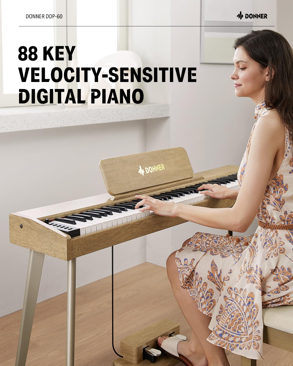 Donner OURA S100 Digital Piano with 88 Key Graded Hammer Weighted Keyboard for Beginner, Full Size Electric Piano Keyboard with Bluetooth, 3 Original Demos, LOCAL OFF, 2×10 W, Piano Three Pedal,White