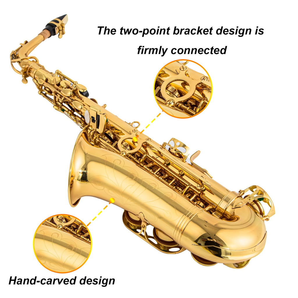 Alto Saxophone Eb beginner Saxophone includes brush canvas suitcase glove whistle piece cork plaster wipe cloth neck strap and other accessories (Gold)