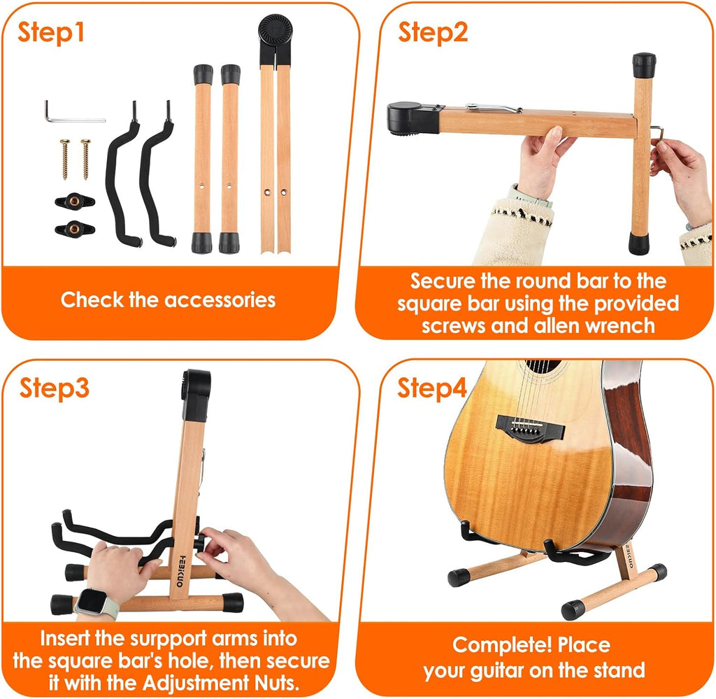Wood Guitar Stand, A-Frame Folding Wooden Acoustic Electric Floor Guitar Stands with Padding, Stable Musical Instrument Foldable Support Holder, Universal for Ukulele, Bass, Cello, Violin, Banjo, Mandolin